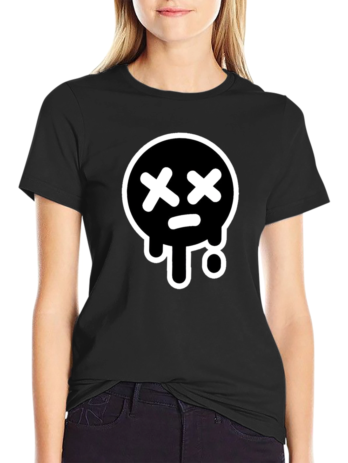 Black Black T-Shirt with White Drip Sad Face Design view 2