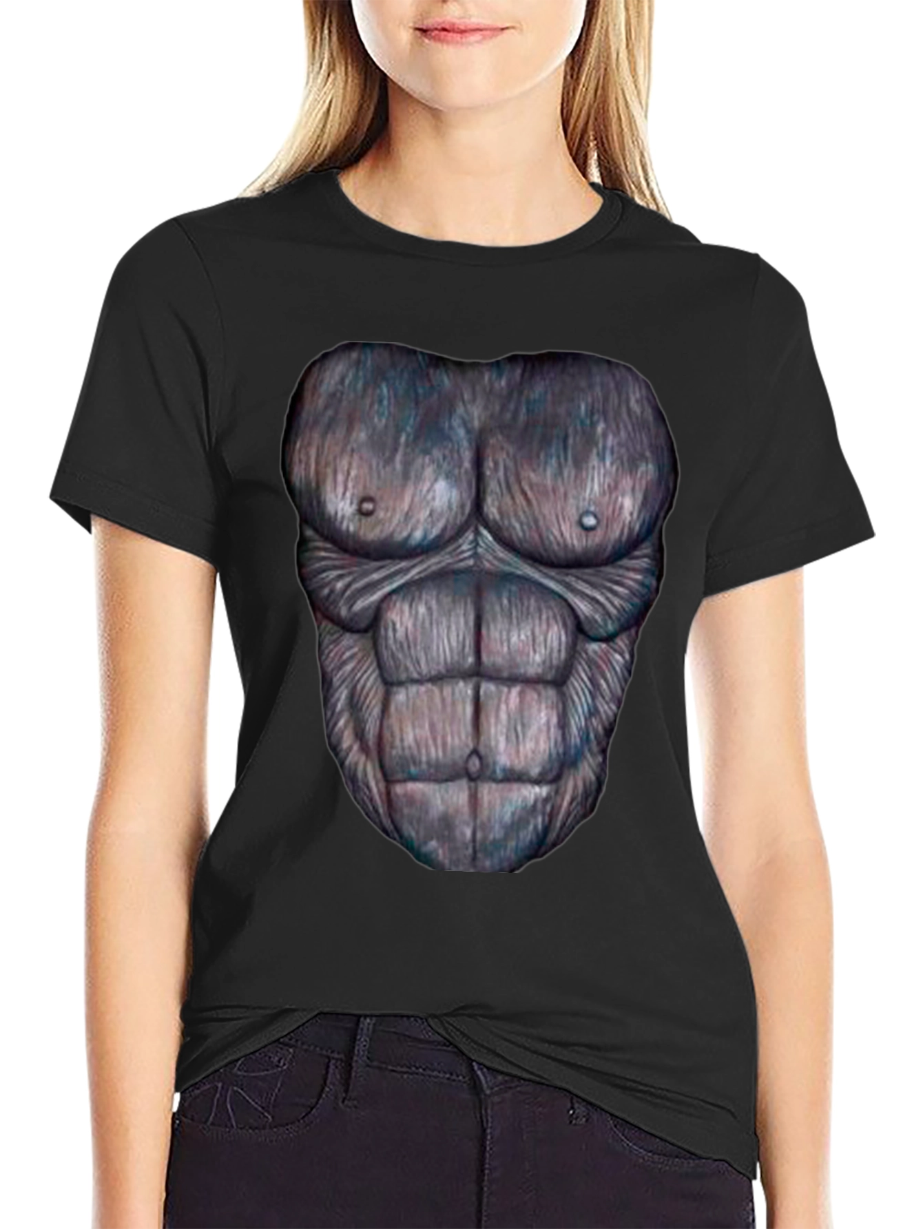 Black Funny Gorilla Chest Print Black T-Shirt view 2