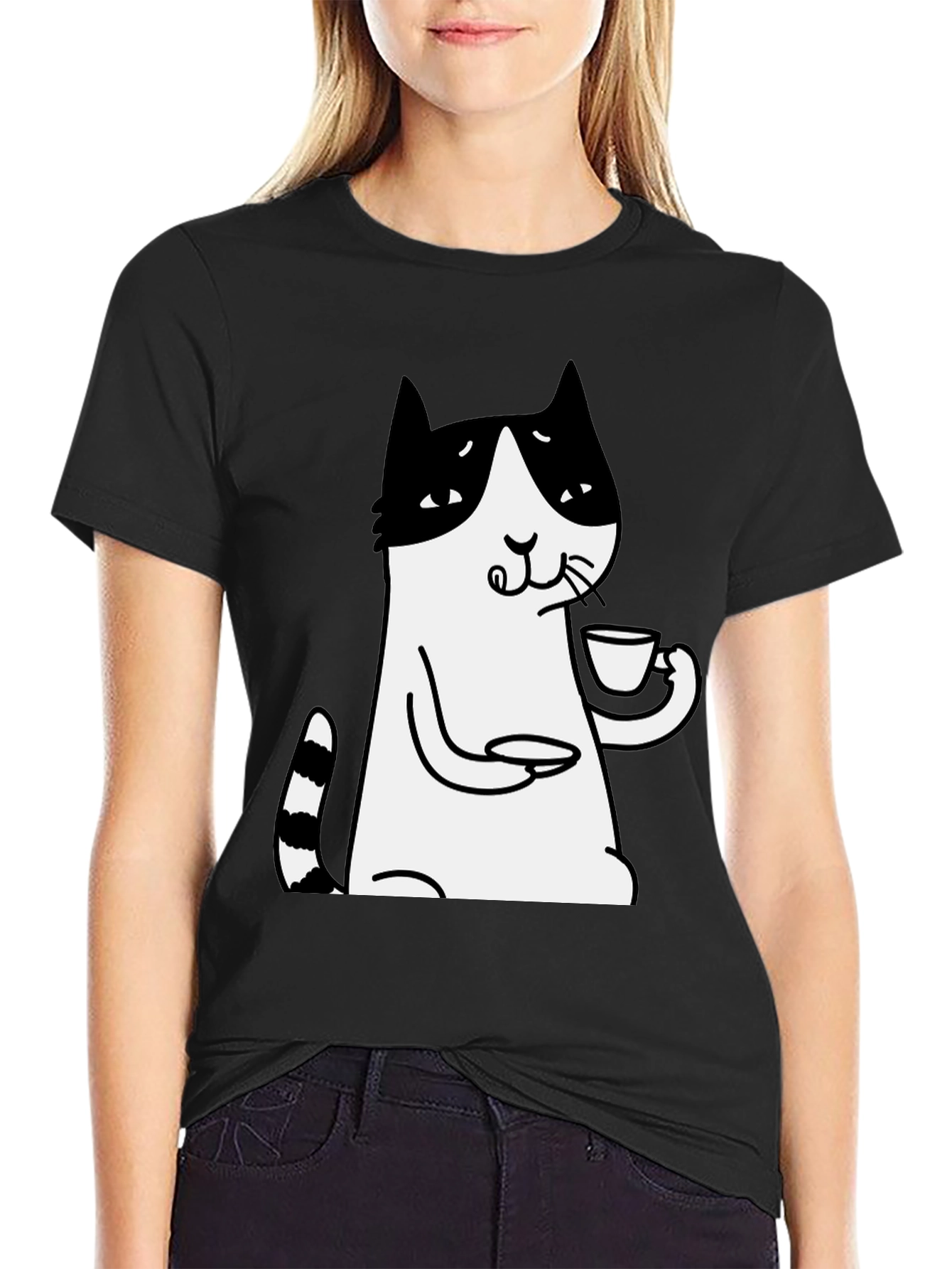 Black Cat Lover T-Shirt - Drinking Tea Funny Tee view 2