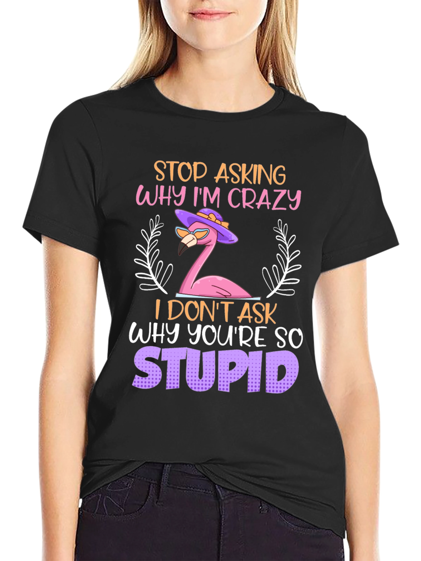 Black Crazy Flamingo Graphic Tee - Funny Novelty T-Shirt view 2