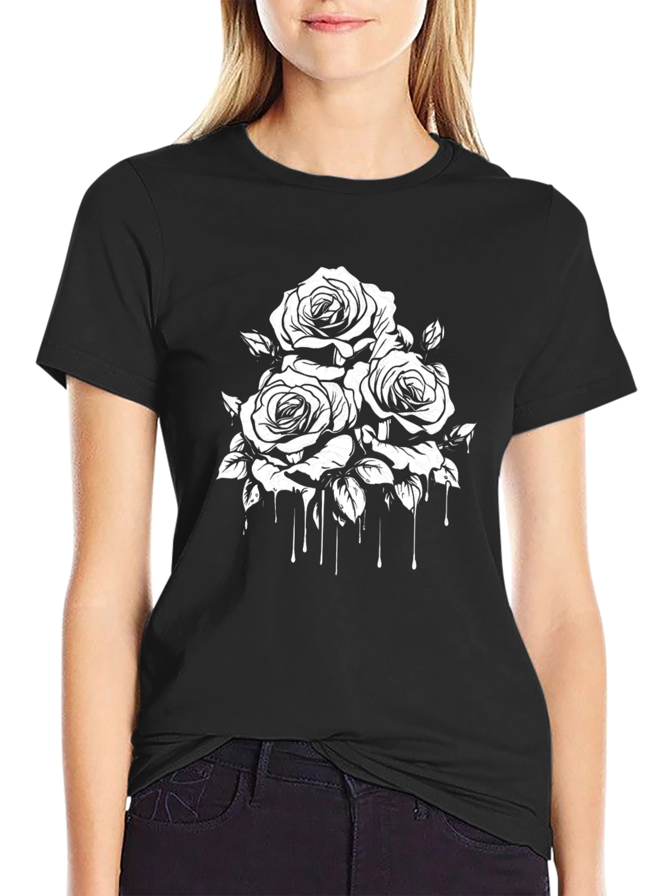 Black Men's Black T-Shirt with Rose Graphic view 2