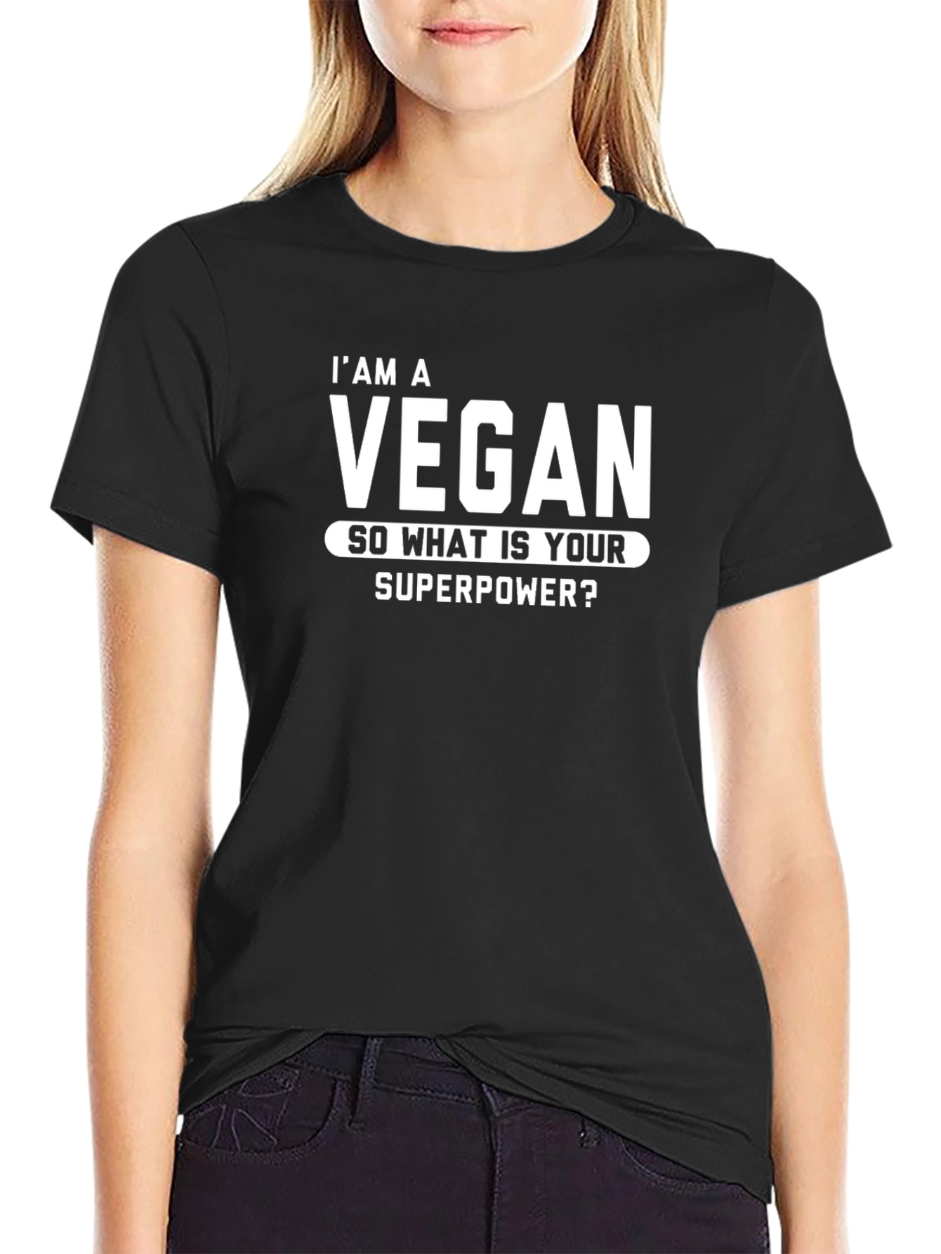 Black Vegan Superpower T-Shirt - Black Crew Neck view 2