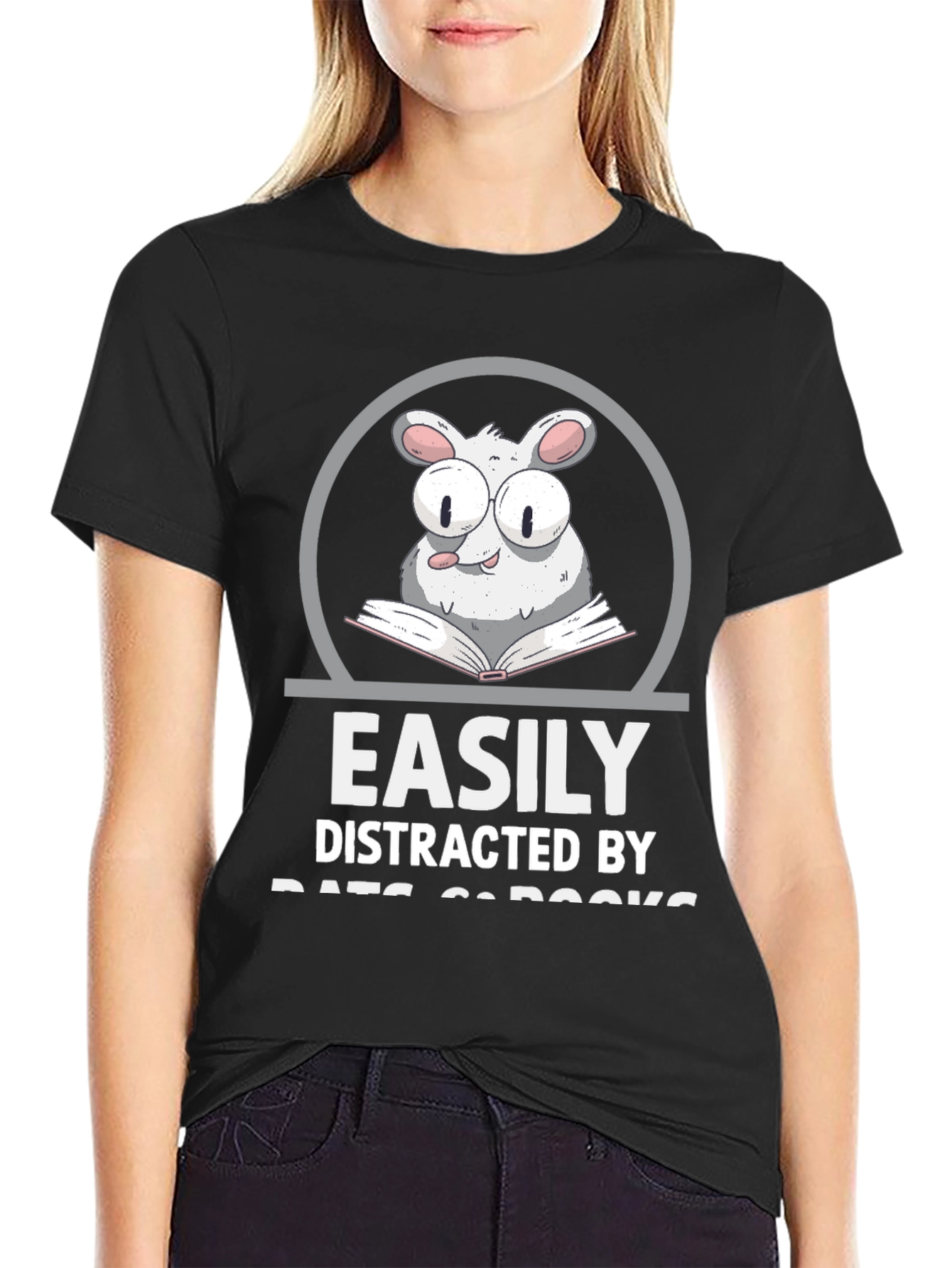Black Easily Distracted By Rats & Books T-Shirt view 2