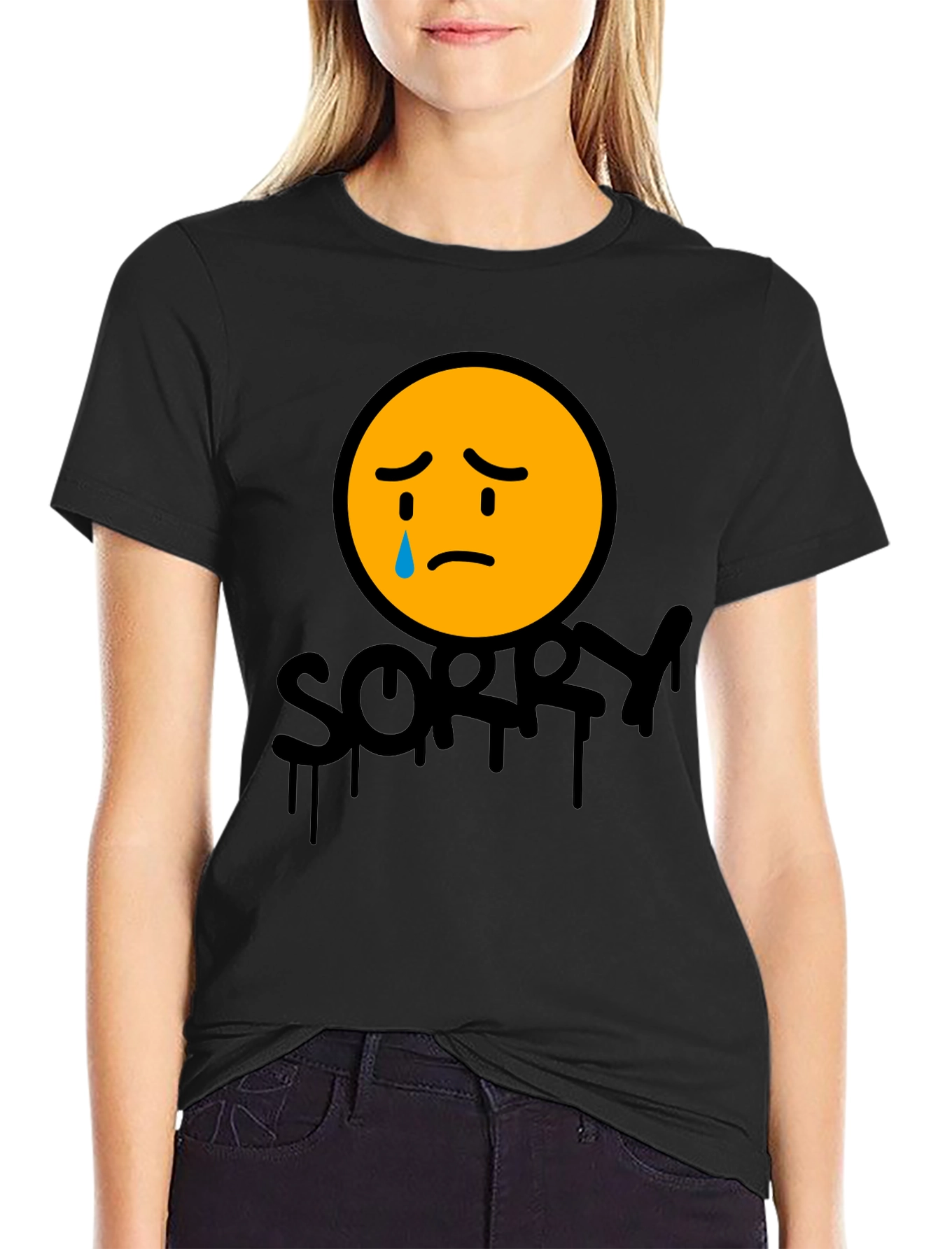 Black Sorry Face Graphic Tee - Black Cotton Blend view 2