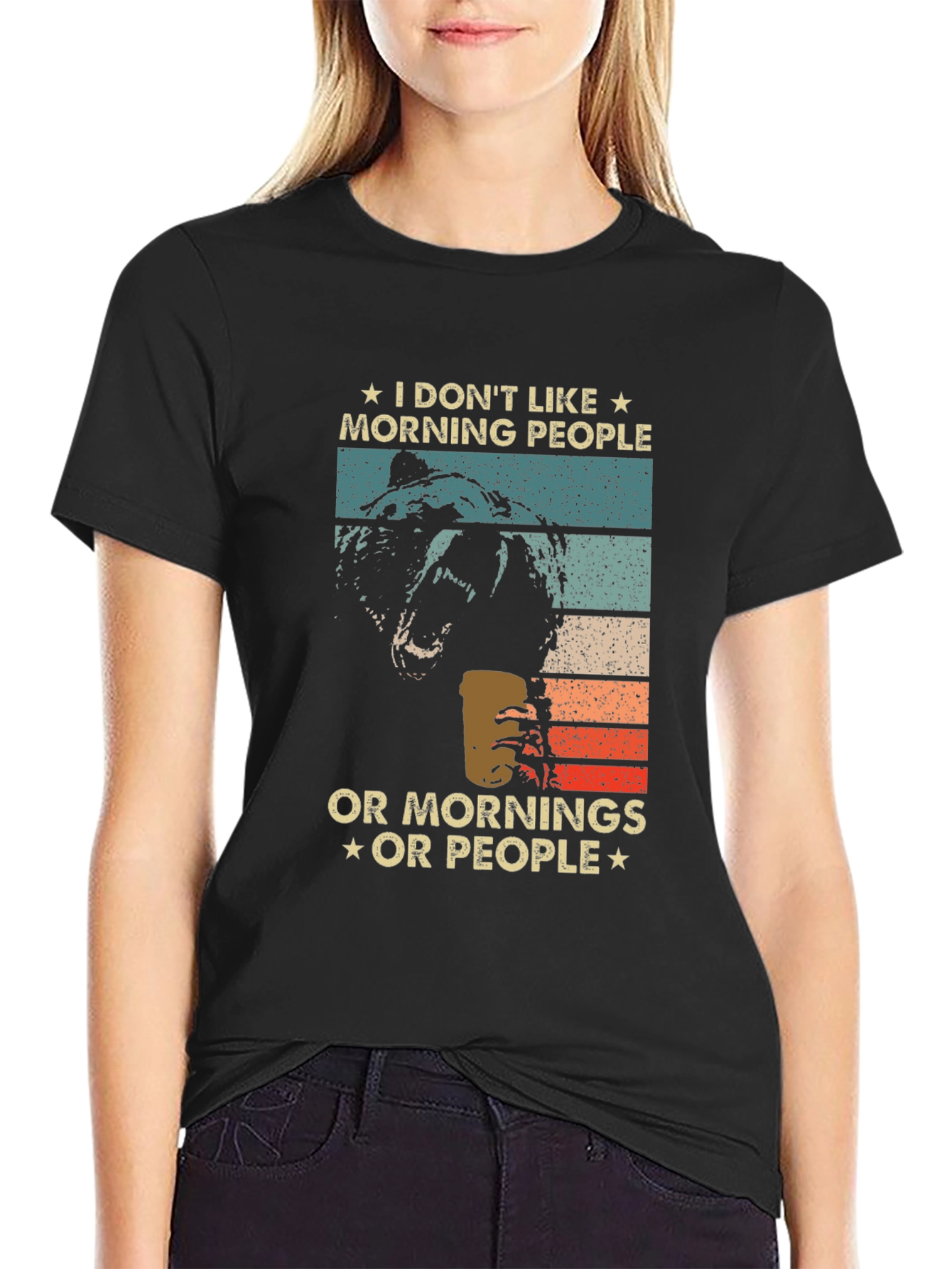 Black Funny "I Don't Like Morning People" Bear T-Shirt view 2