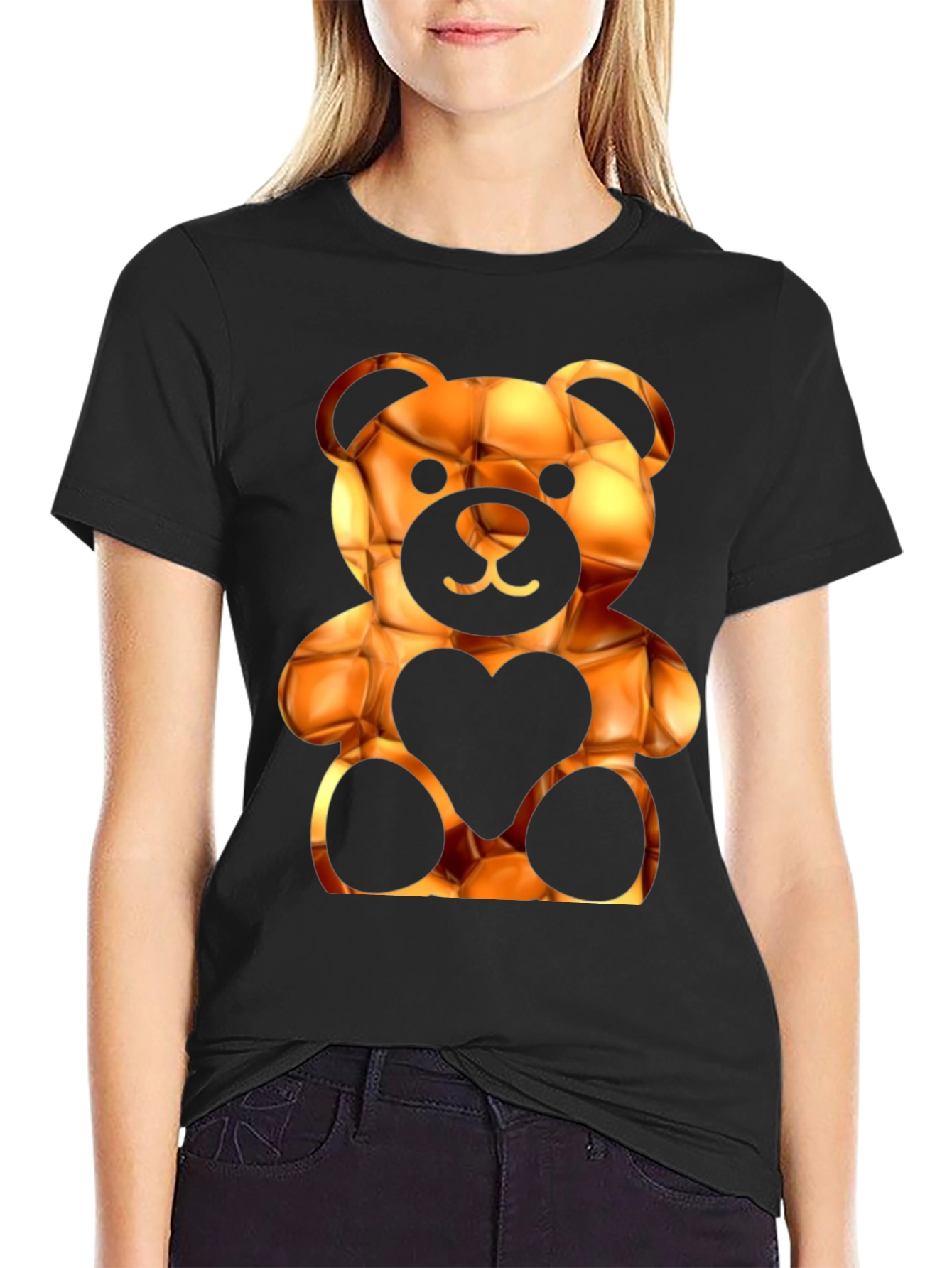 Black Trendy Black Bear Heart Graphic Tee view 2