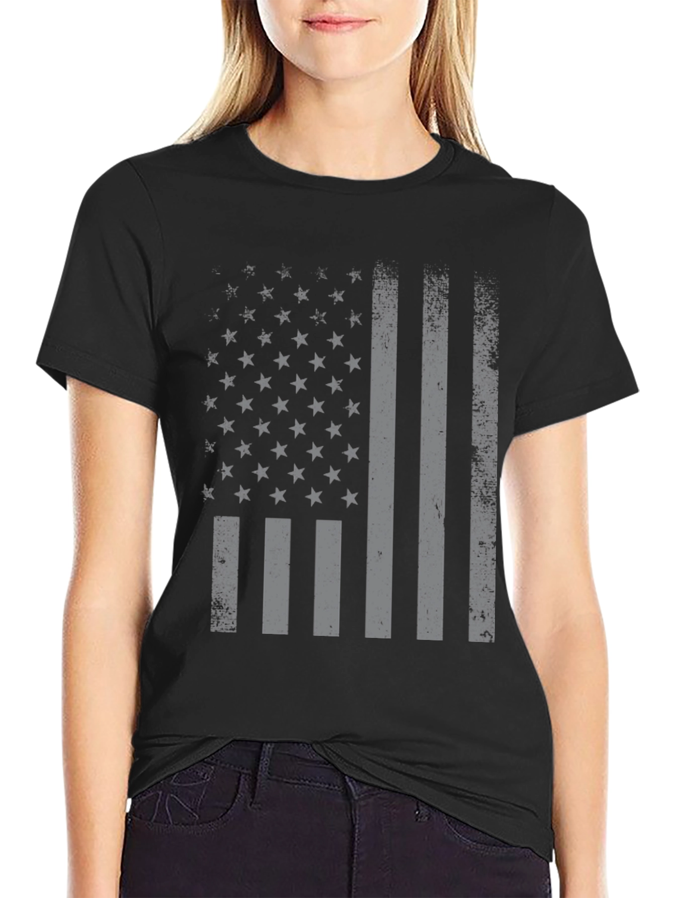 Black Distressed American Flag Graphic T-Shirt view 2