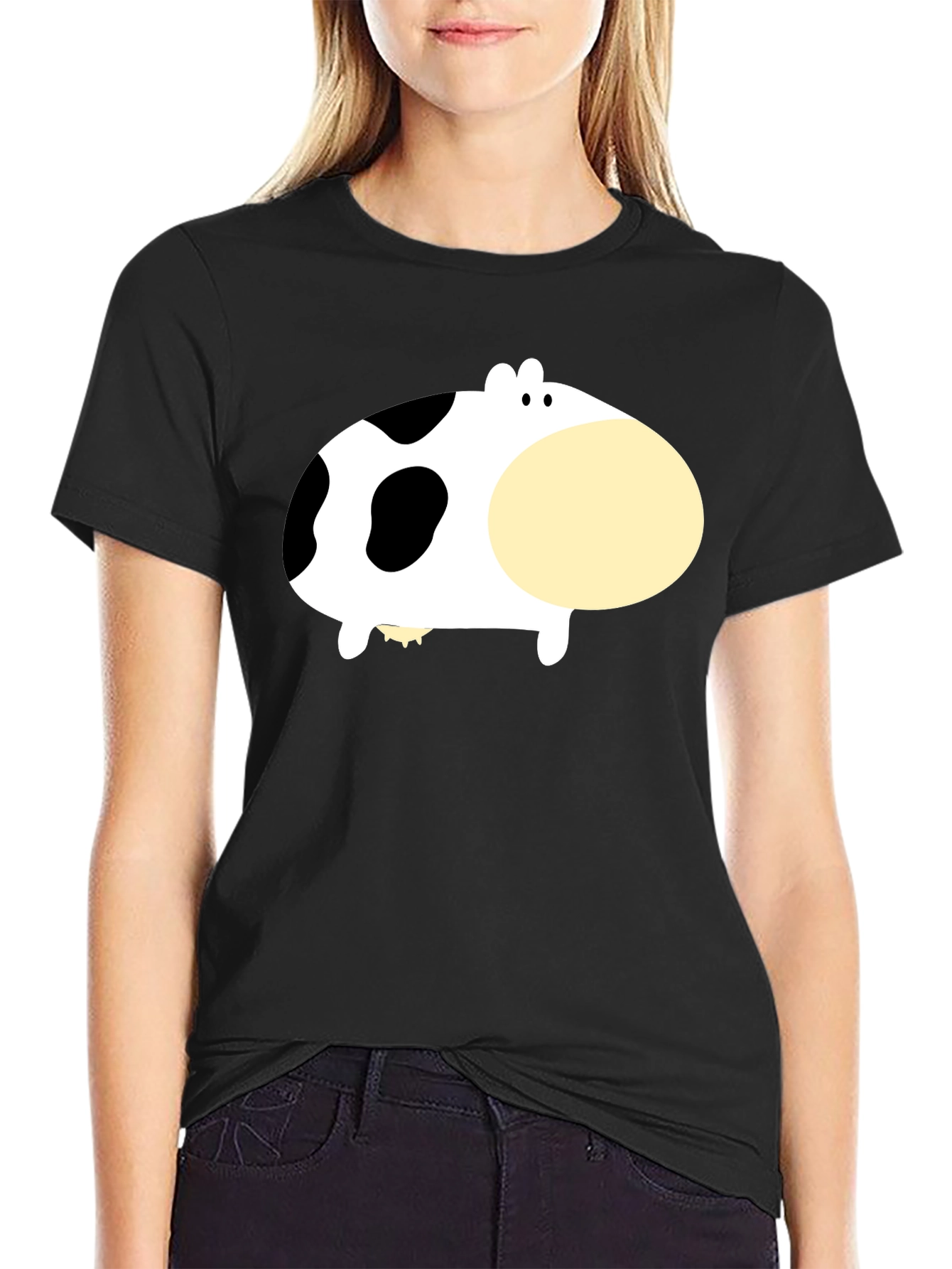 Black Cute Cartoon Cow Graphic Tee - Black view 2