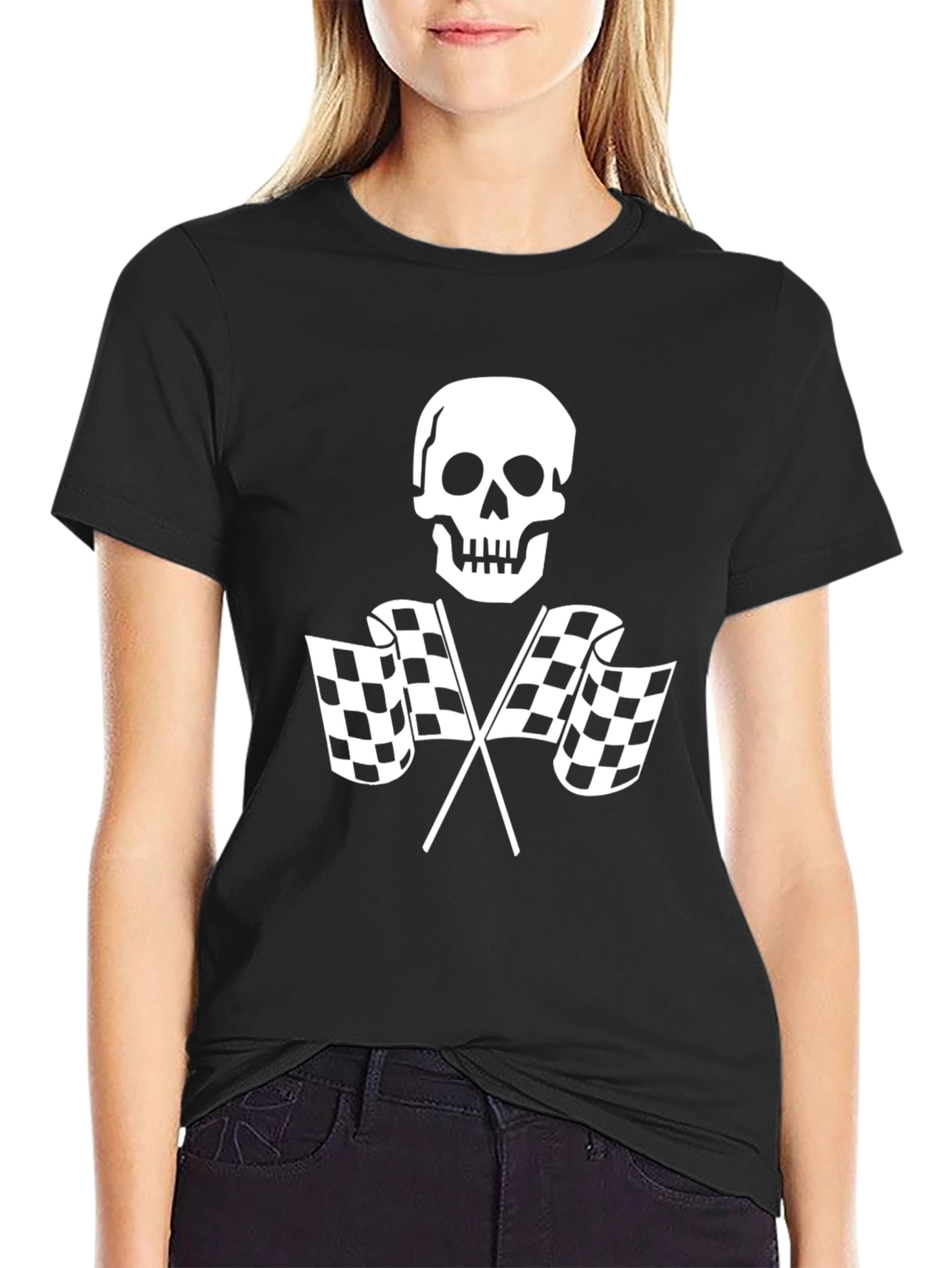 Black Skull & Checkered Flags Graphic Tee view 2