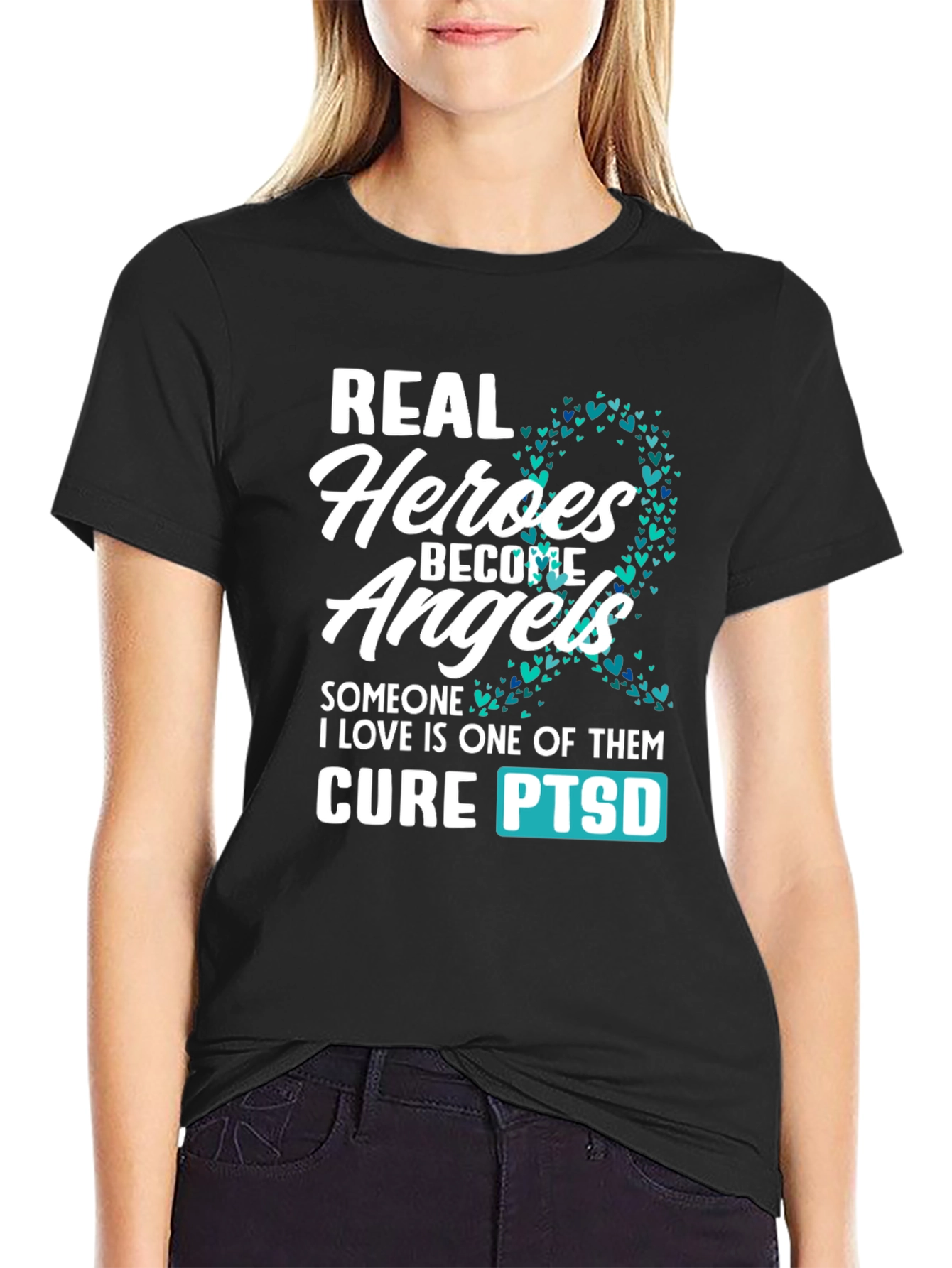 Black Real Heroes Become Angels PTSD Awareness T-Shirt view 2