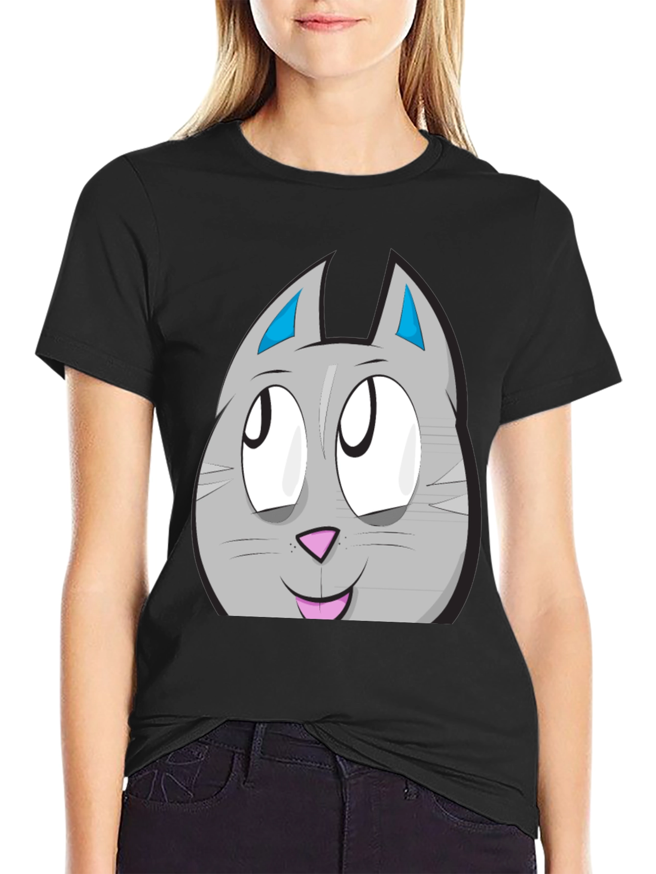 Black Cartoon Cat Face Graphic Tee - Unisex Black T-Shirt view 2