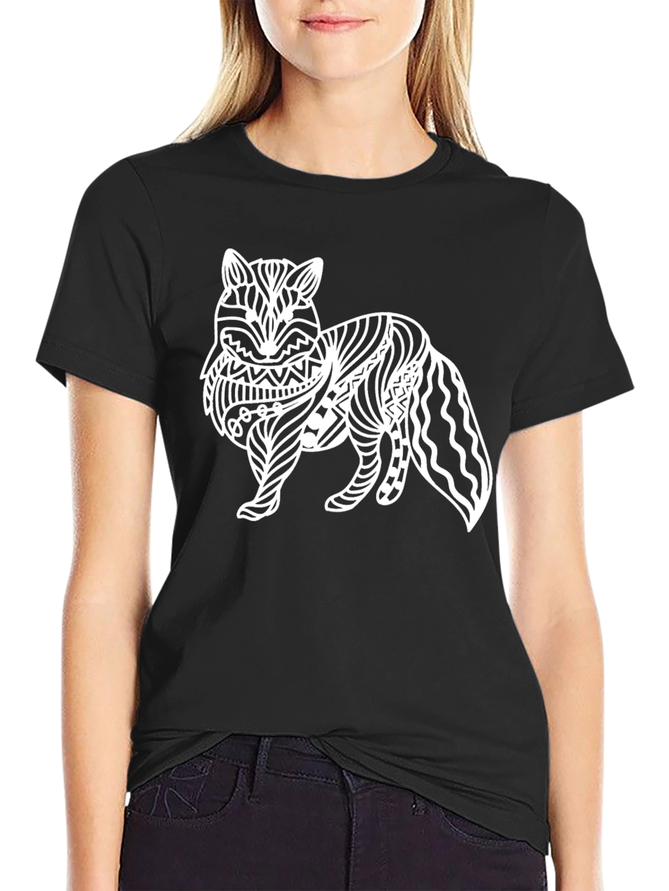 Black Abstract Fox Graphic Tee - Black Cotton T-Shirt view 2