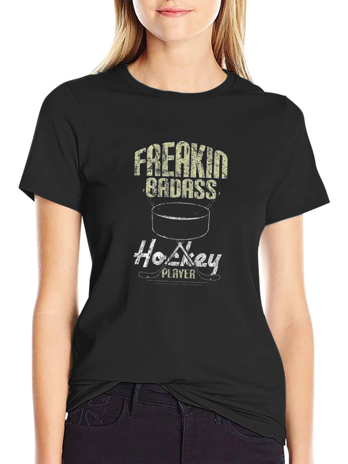 Black Freakin' Badass Hockey Player Graphic Tee view 2