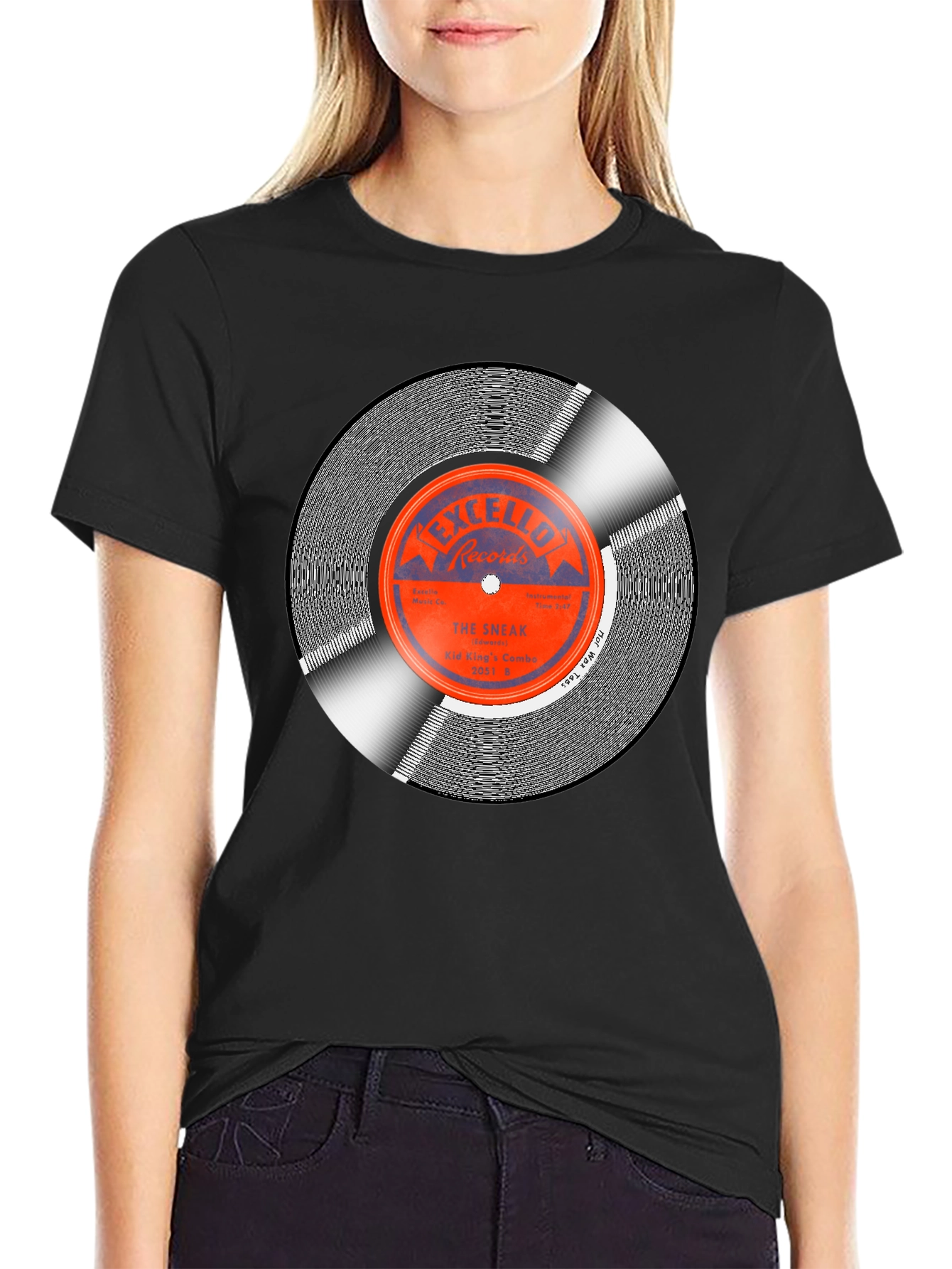 Black Vintage Record Graphic Tee - Retro Music Lover T-Shirt view 2