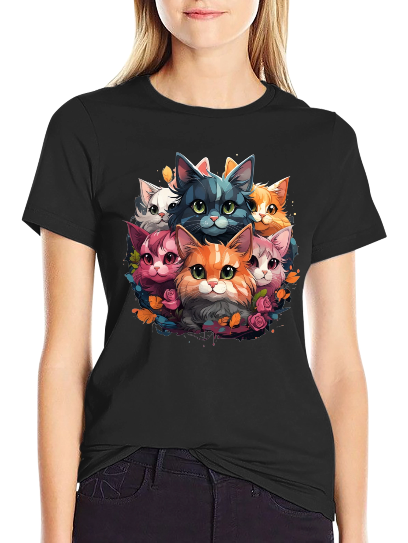 Black Cute Cartoon Cats T-Shirt view 2