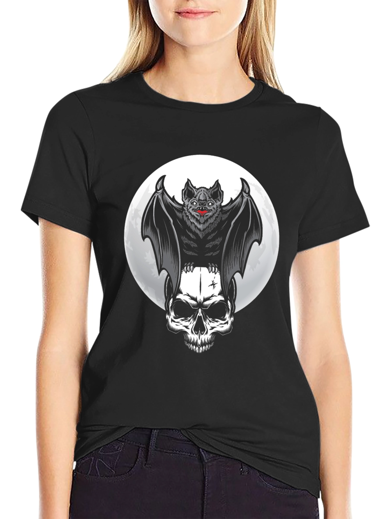 Black Bat & Skull Graphic T-Shirt - Gothic Halloween view 2