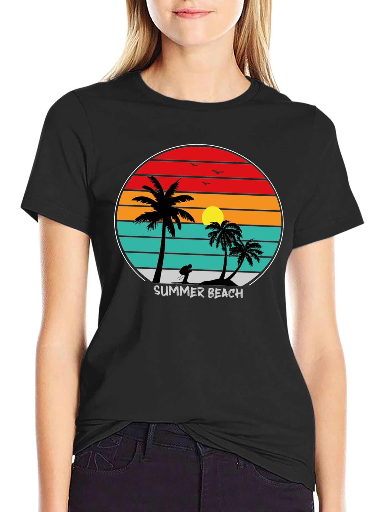 Black Summer Beach Sunset Palm Tree T-Shirt view 2