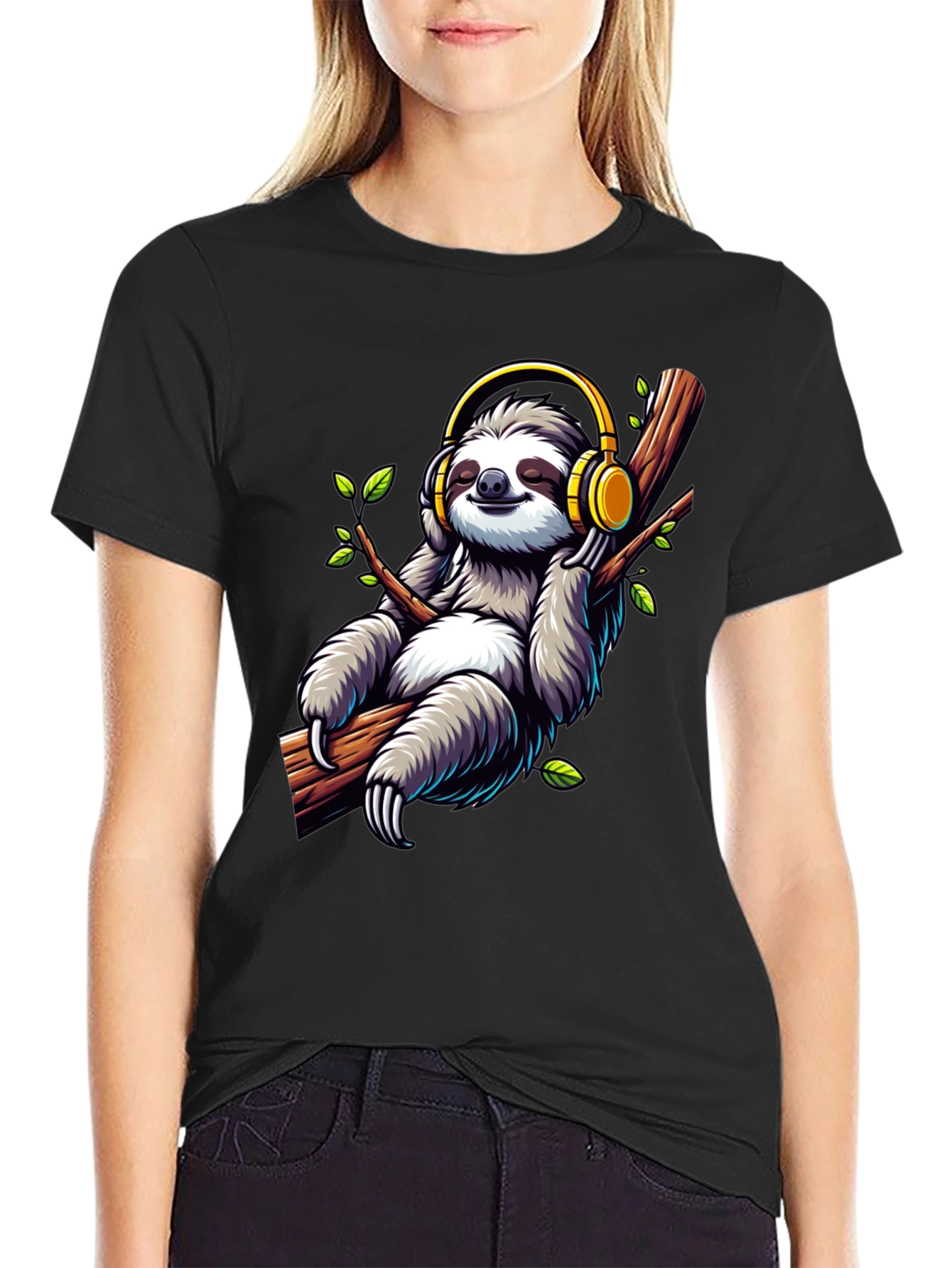 Black Sloth with Headphones Graphic T-Shirt view 2