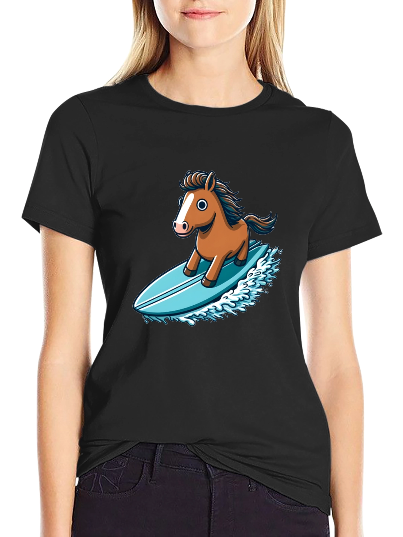 Black Horse Surfing T-Shirt - Unique Cartoon Design view 2
