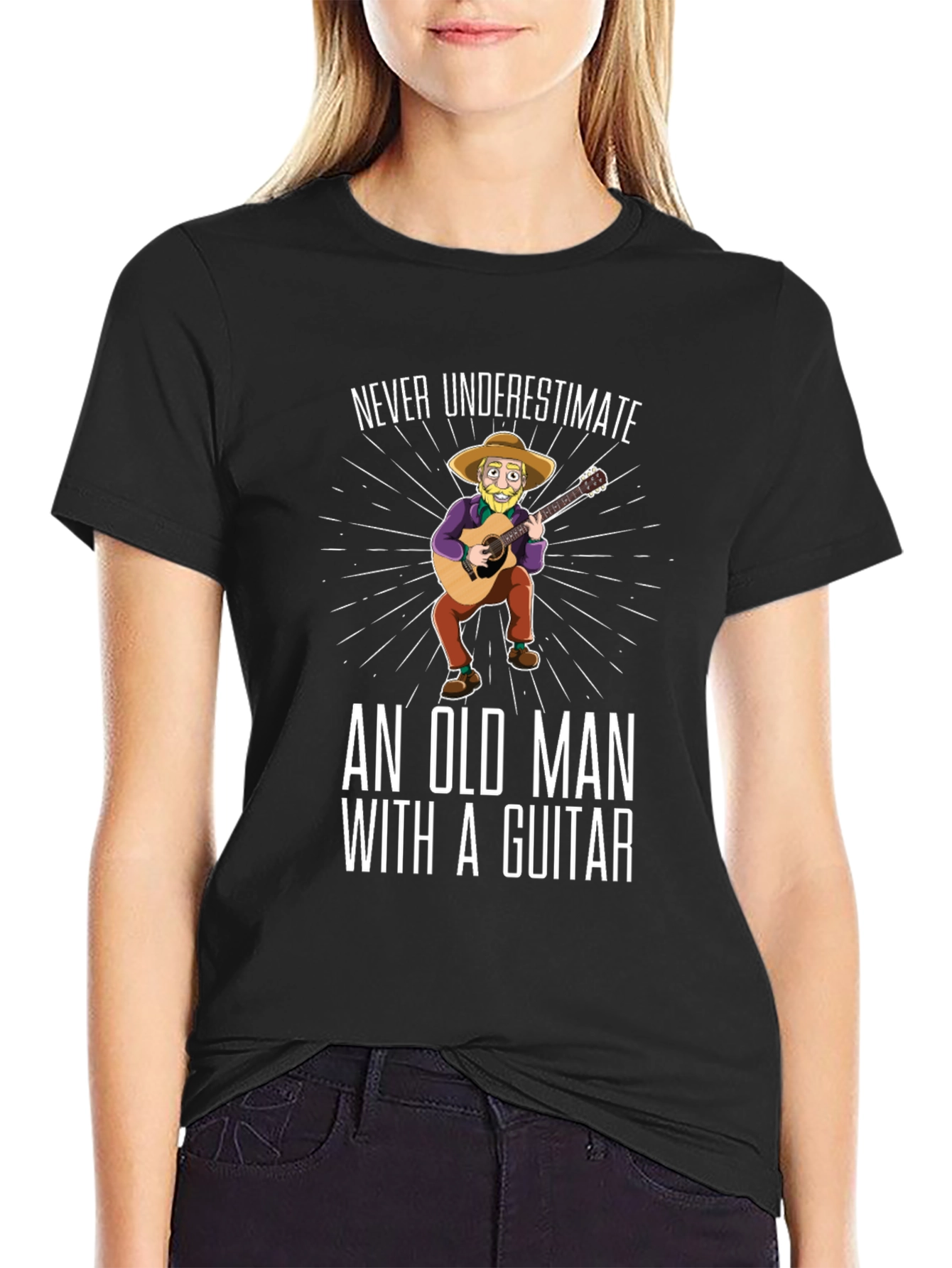 Black Never Underestimate Old Man With Guitar T-Shirt view 2