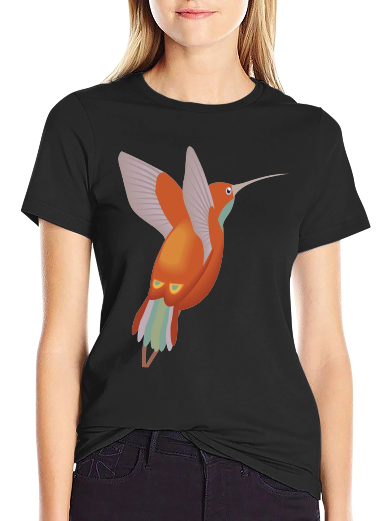 Black Hummingbird Graphic Tee - Black Cotton T-Shirt view 2