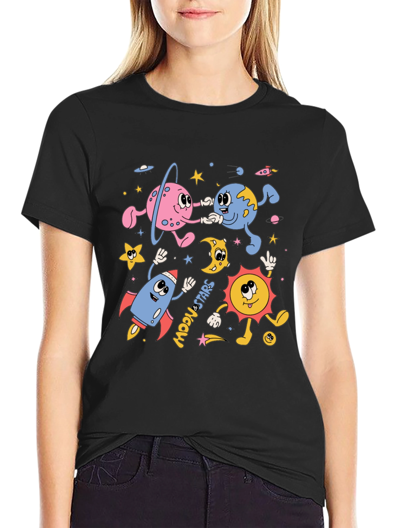 Black Retro Space Cartoon Graphic Tee view 2