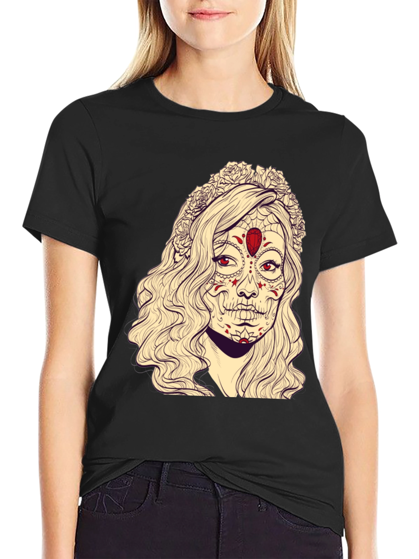 Black Sugar Skull Woman Graphic Tee - Black Cotton T-Shirt view 2