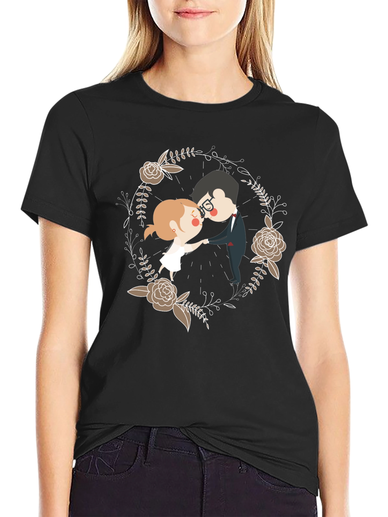 Black Romantic Couple Floral Wreath T-Shirt view 2