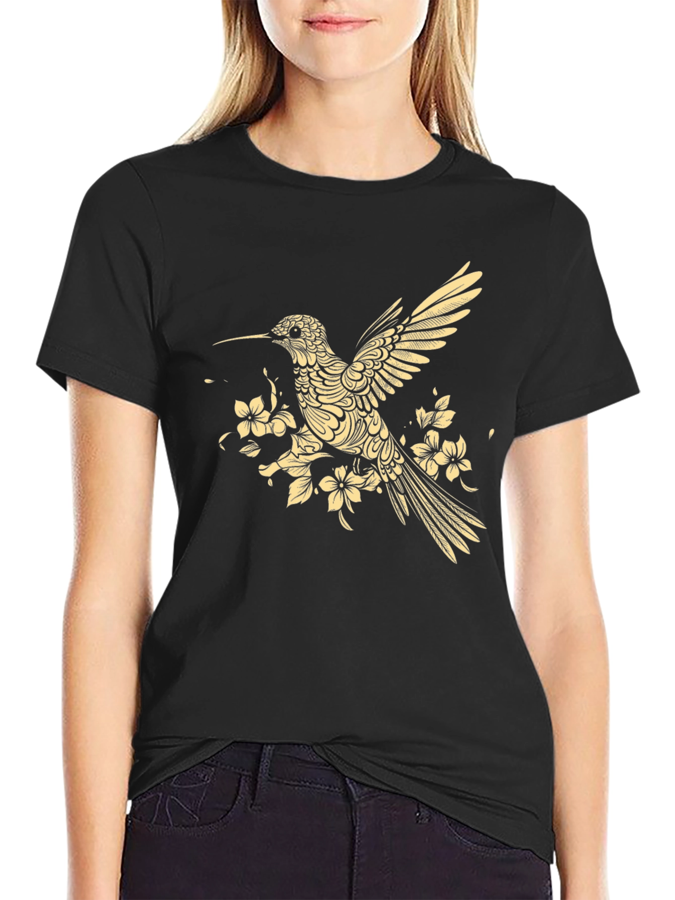 Black Hummingbird Floral Graphic T-Shirt - Modern Style view 2