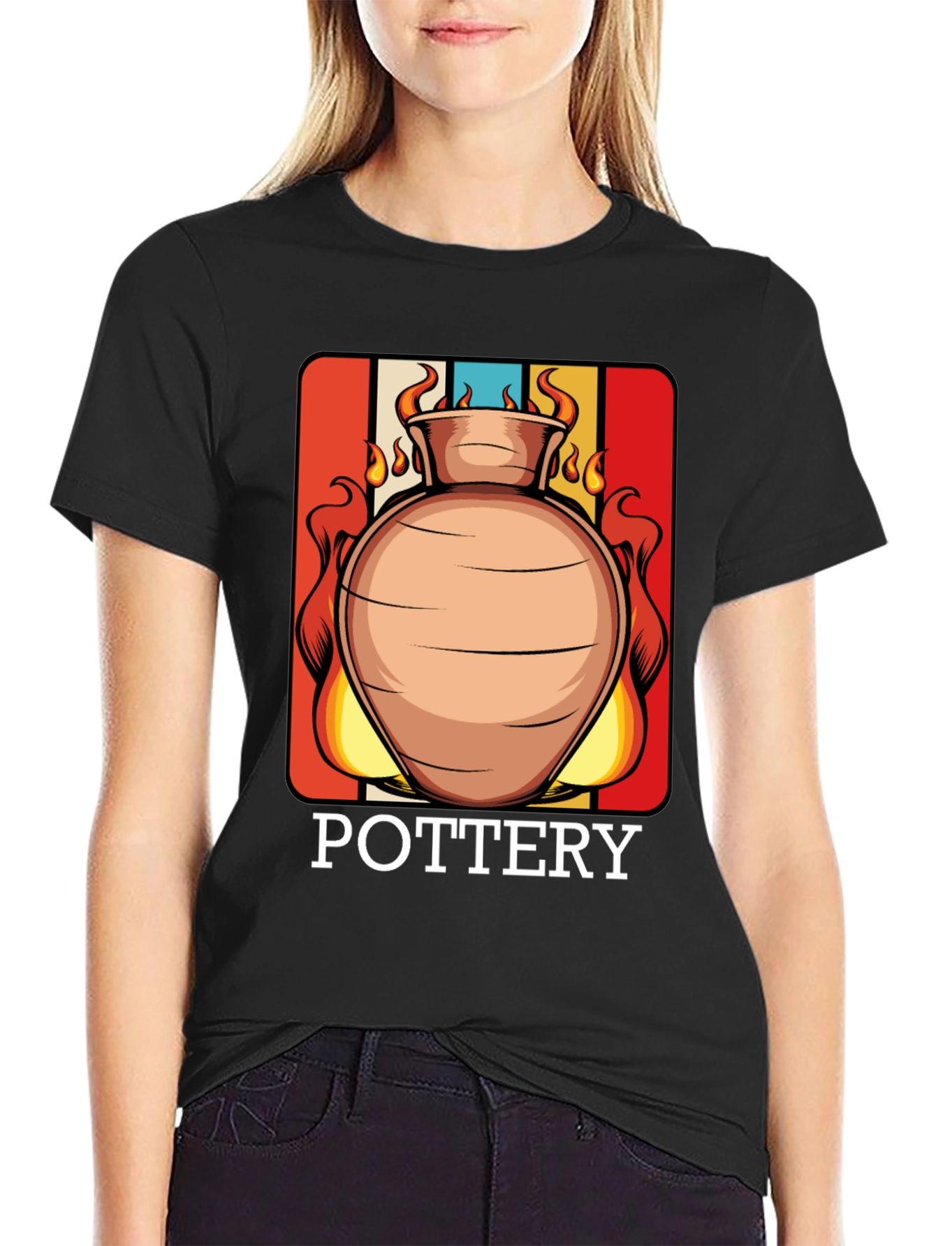 Black Pottery T-Shirt - Retro Clay Vase Design view 2