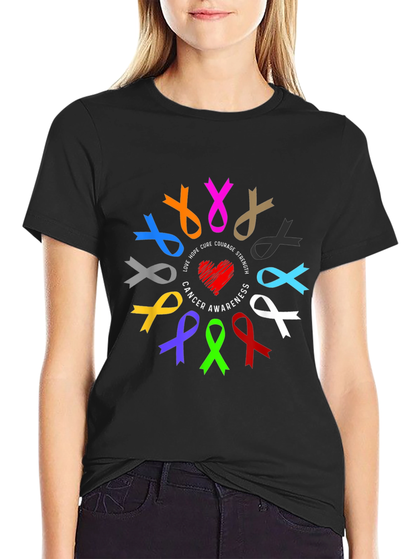 Black Cancer Awareness Ribbon Black T-Shirt view 2