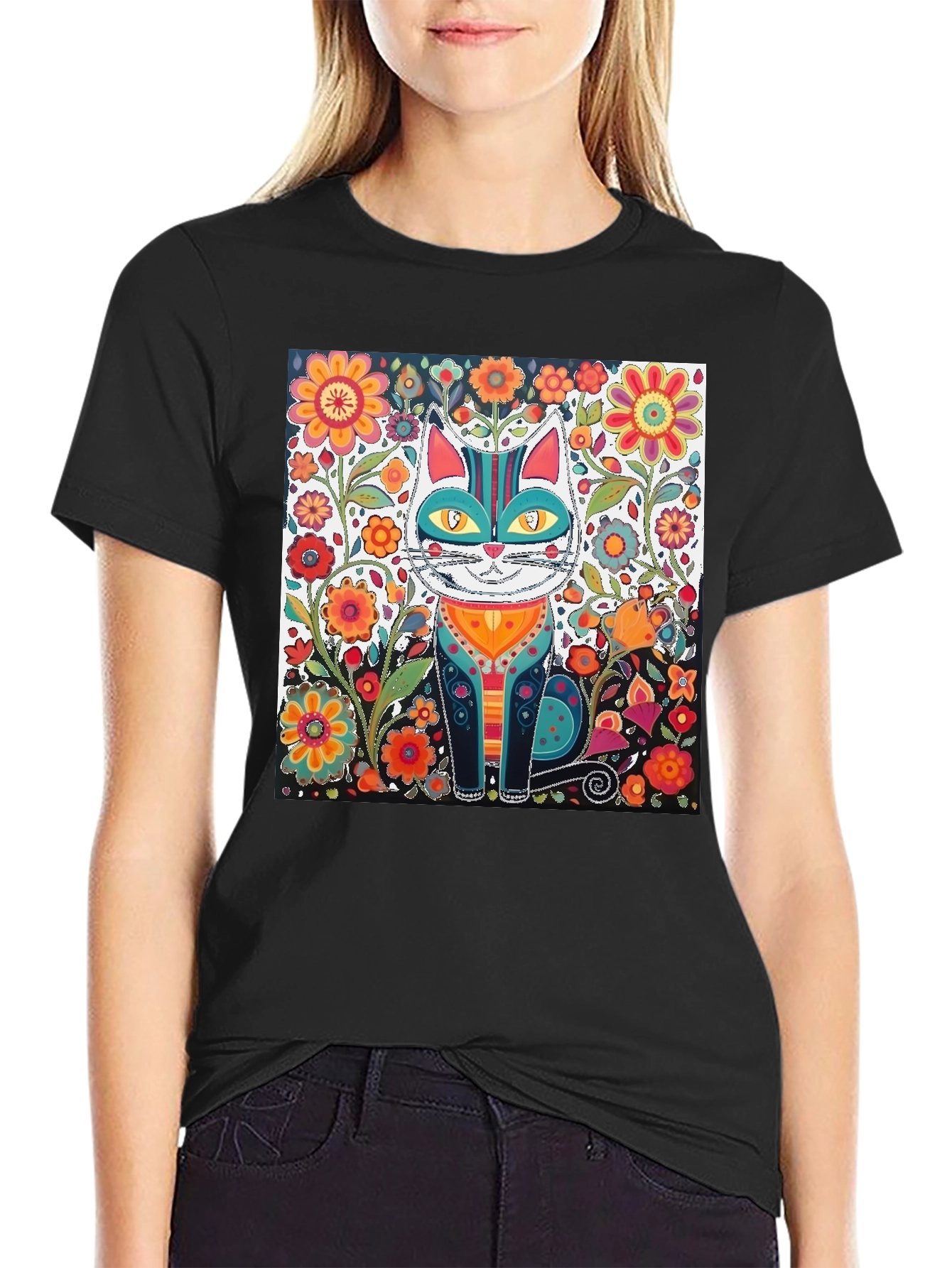 Black Floral Cat Graphic Tee - Unique Design view 2