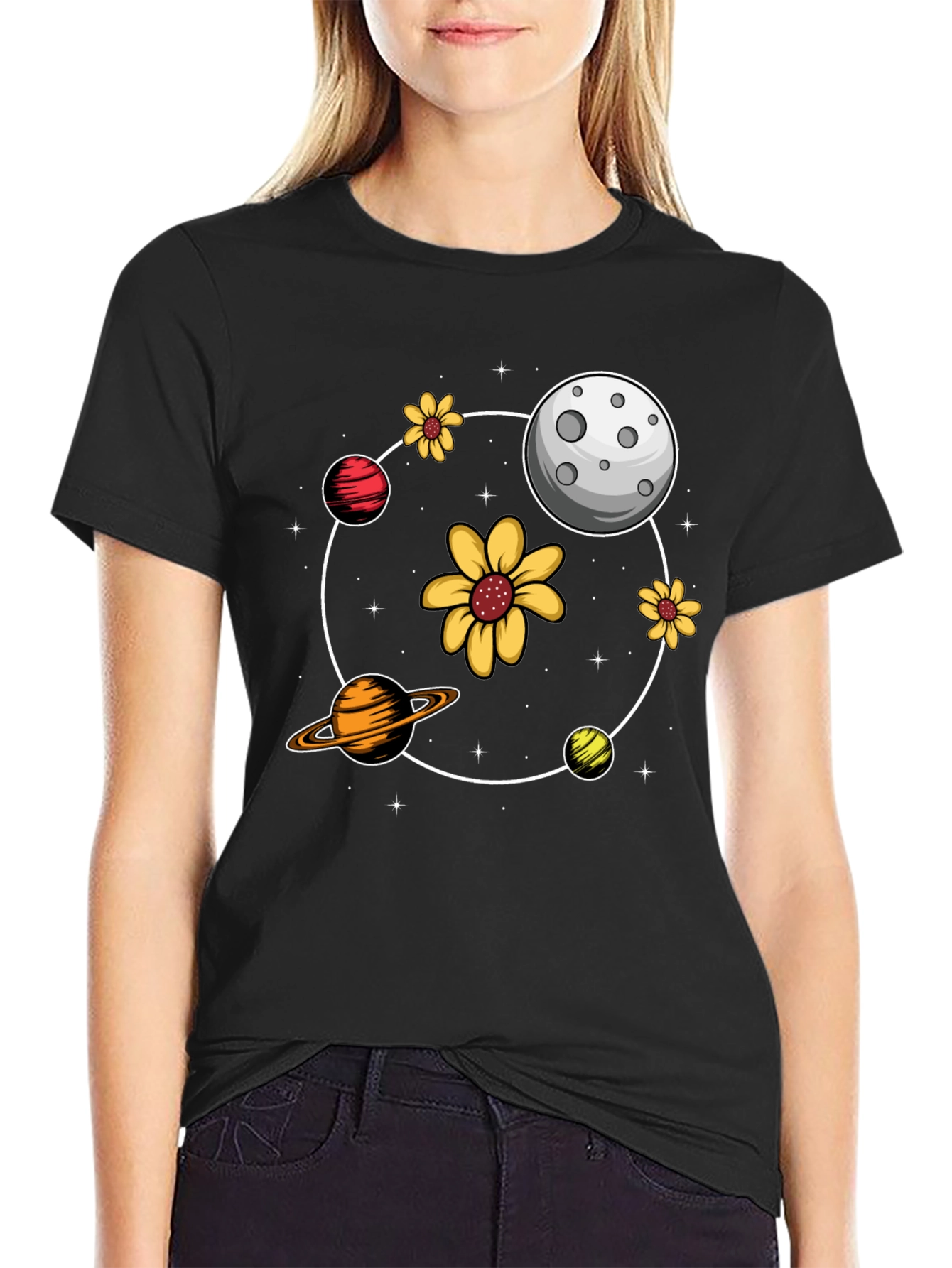 Black Planetary Flower Power Black T-Shirt view 2