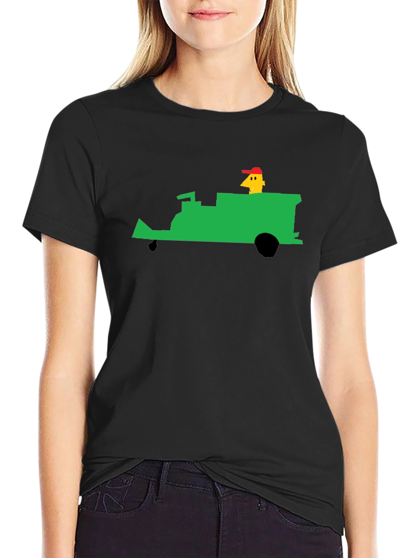 Black Retro T-Shirt: Pixelated Green Tractor Ride view 2