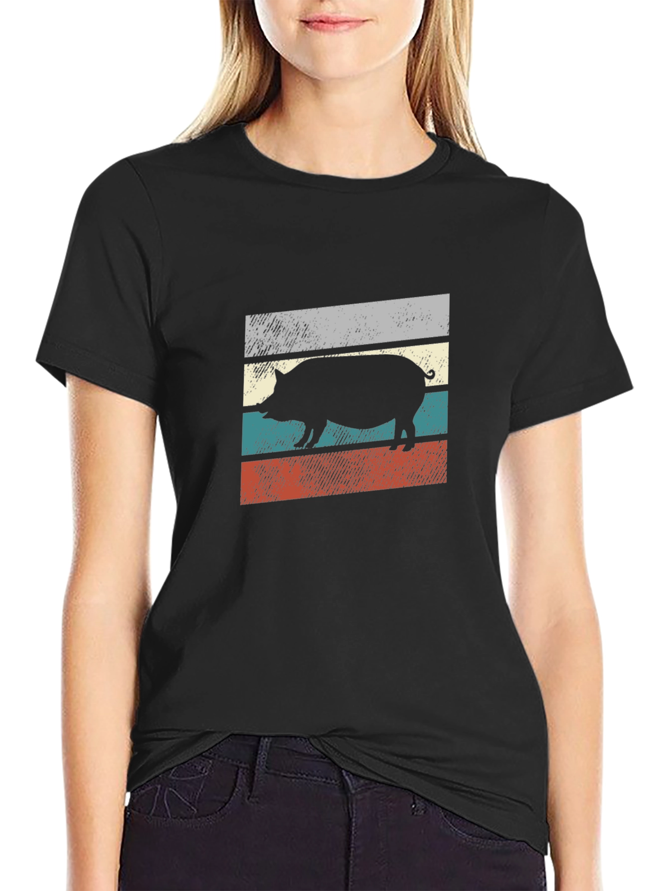Black Retro Pig Silhouette Graphic T-Shirt view 2