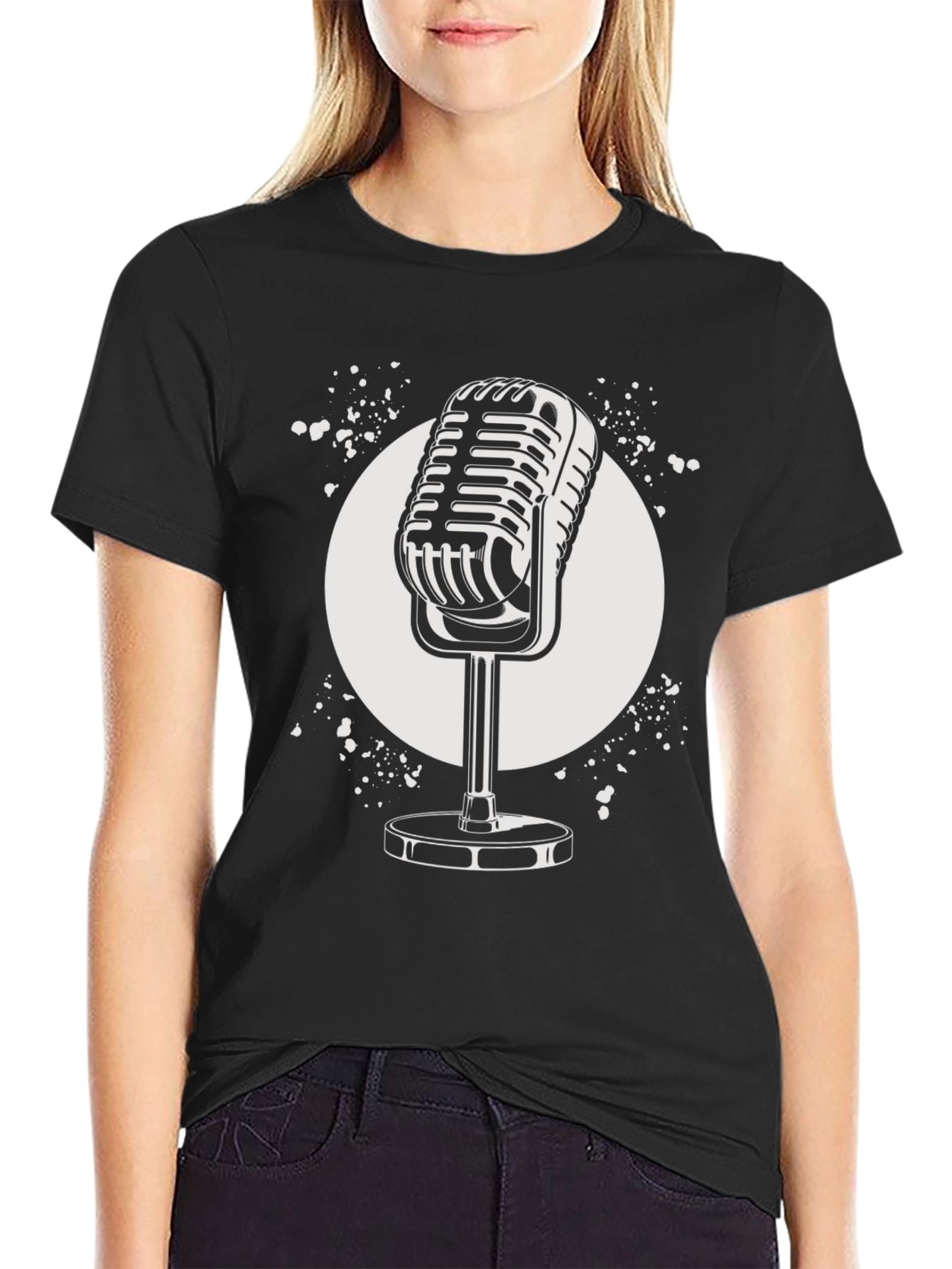 Black Vintage Microphone Graphic Tee - Retro Style Black T-Shirt view 2