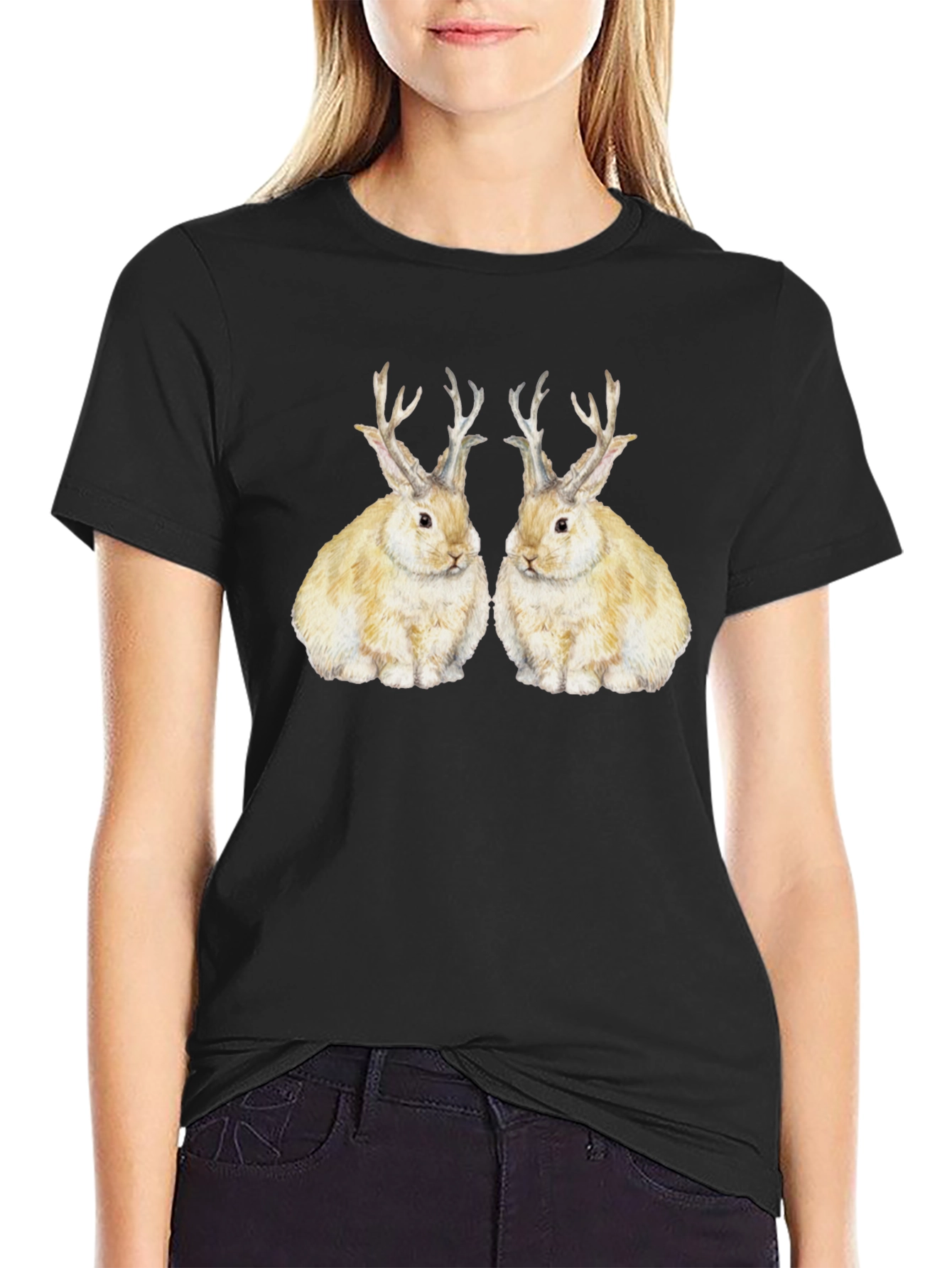 Black Rabbit With Antlers Graphic Tee view 2