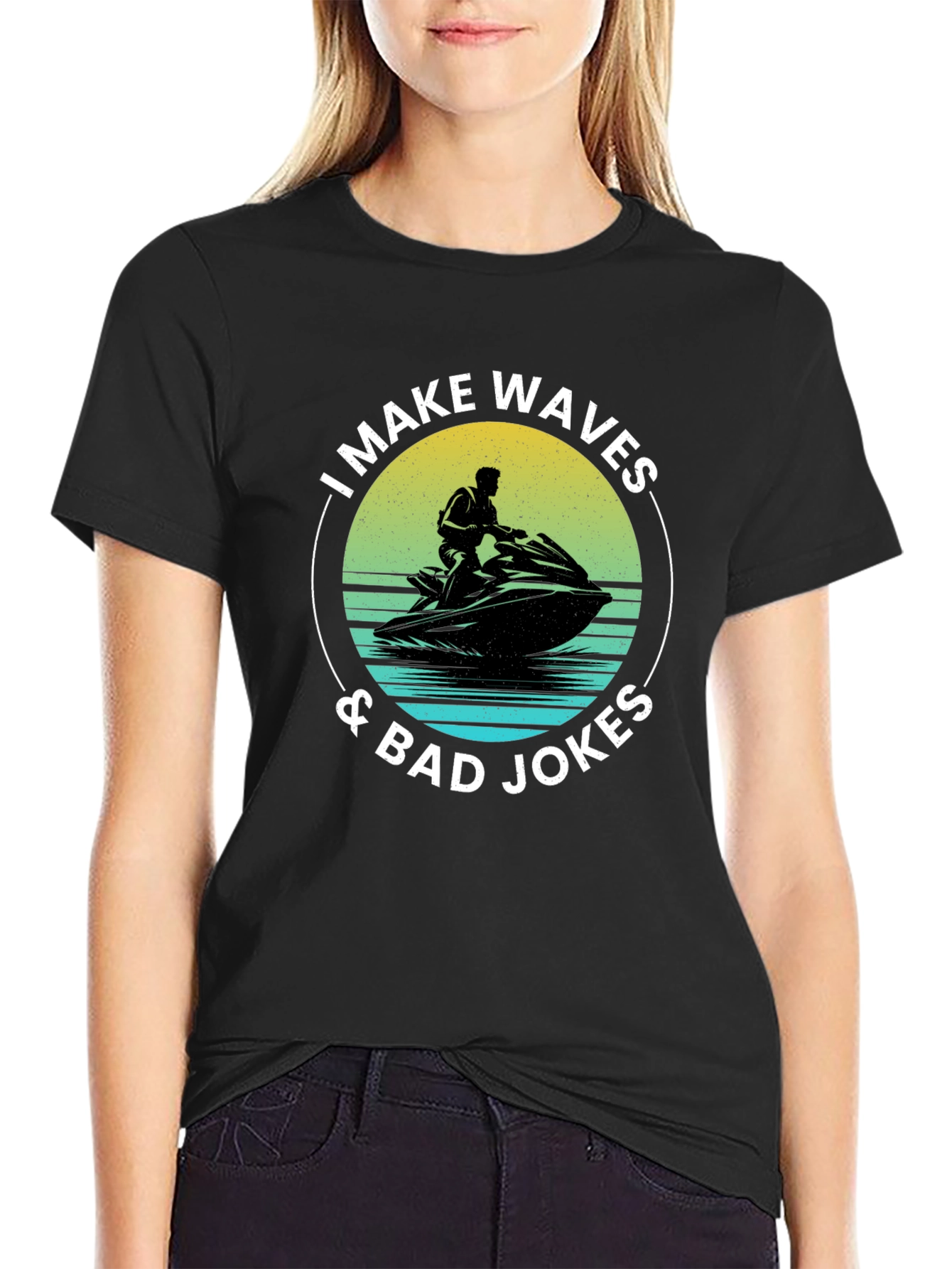 Black I Make Waves & Bad Jokes T-Shirt view 2