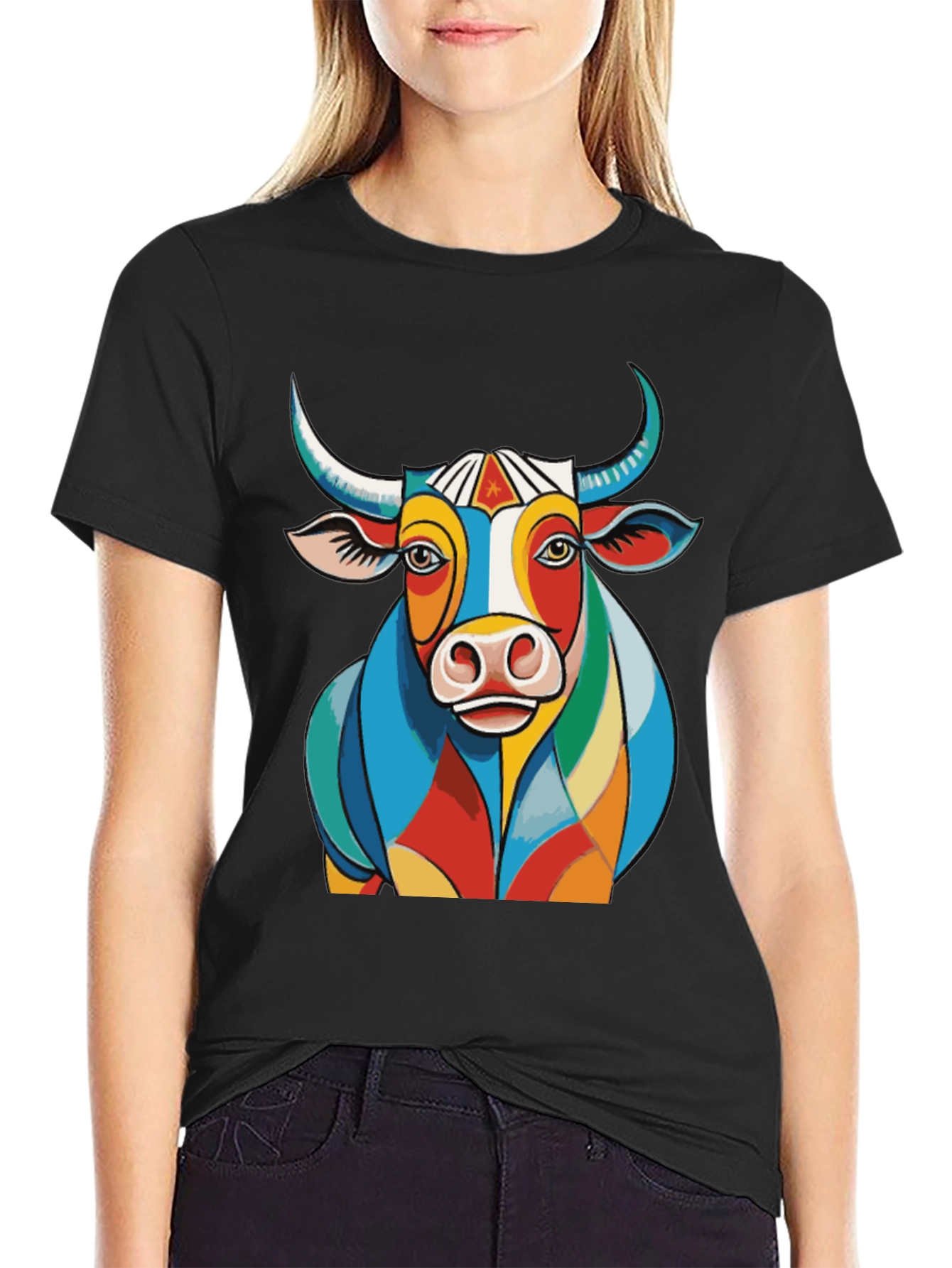 Black Colorful Bull Graphic Tee - Unique Design view 2