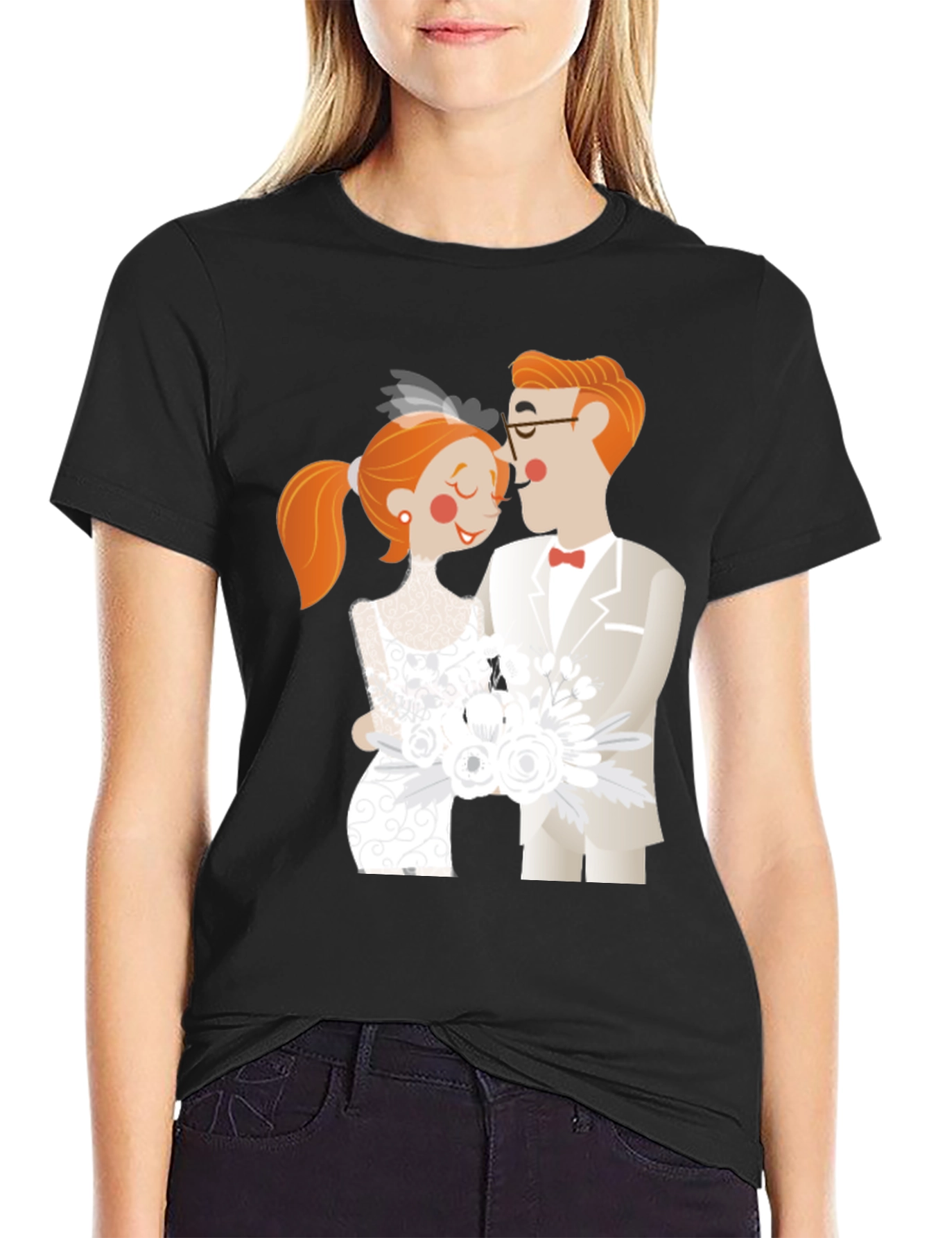 Black Cartoon Wedding Couple Black T-Shirt view 2