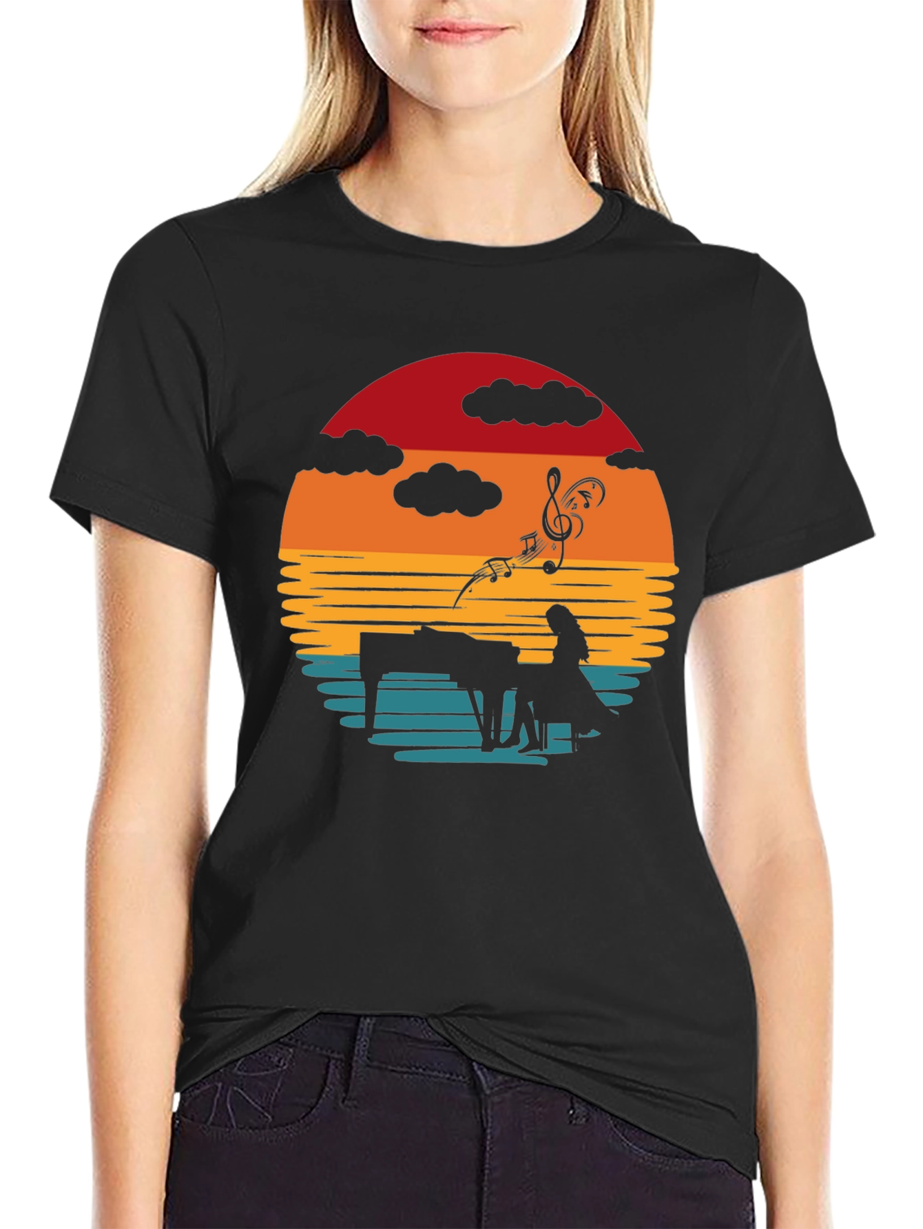 Black Sunset Piano Player Graphic Tee view 2