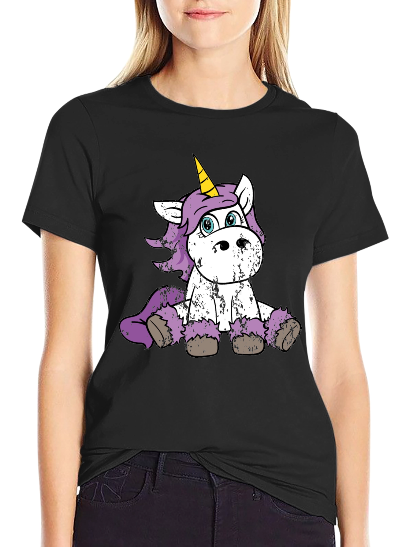 Black Cute Unicorn Graphic Black T-Shirt view 2
