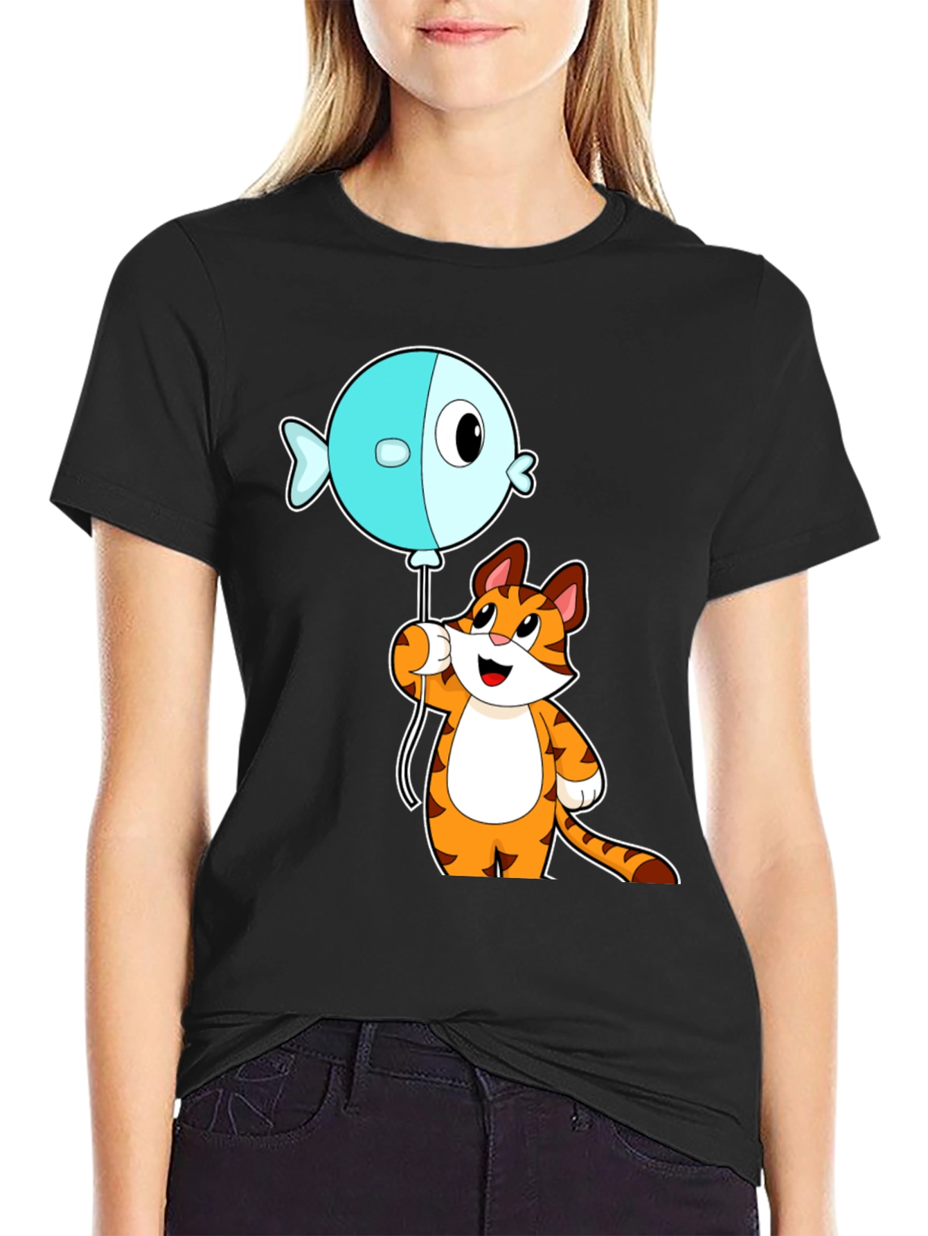 Black Cartoon Cat & Fish Balloon Graphic Tee view 2