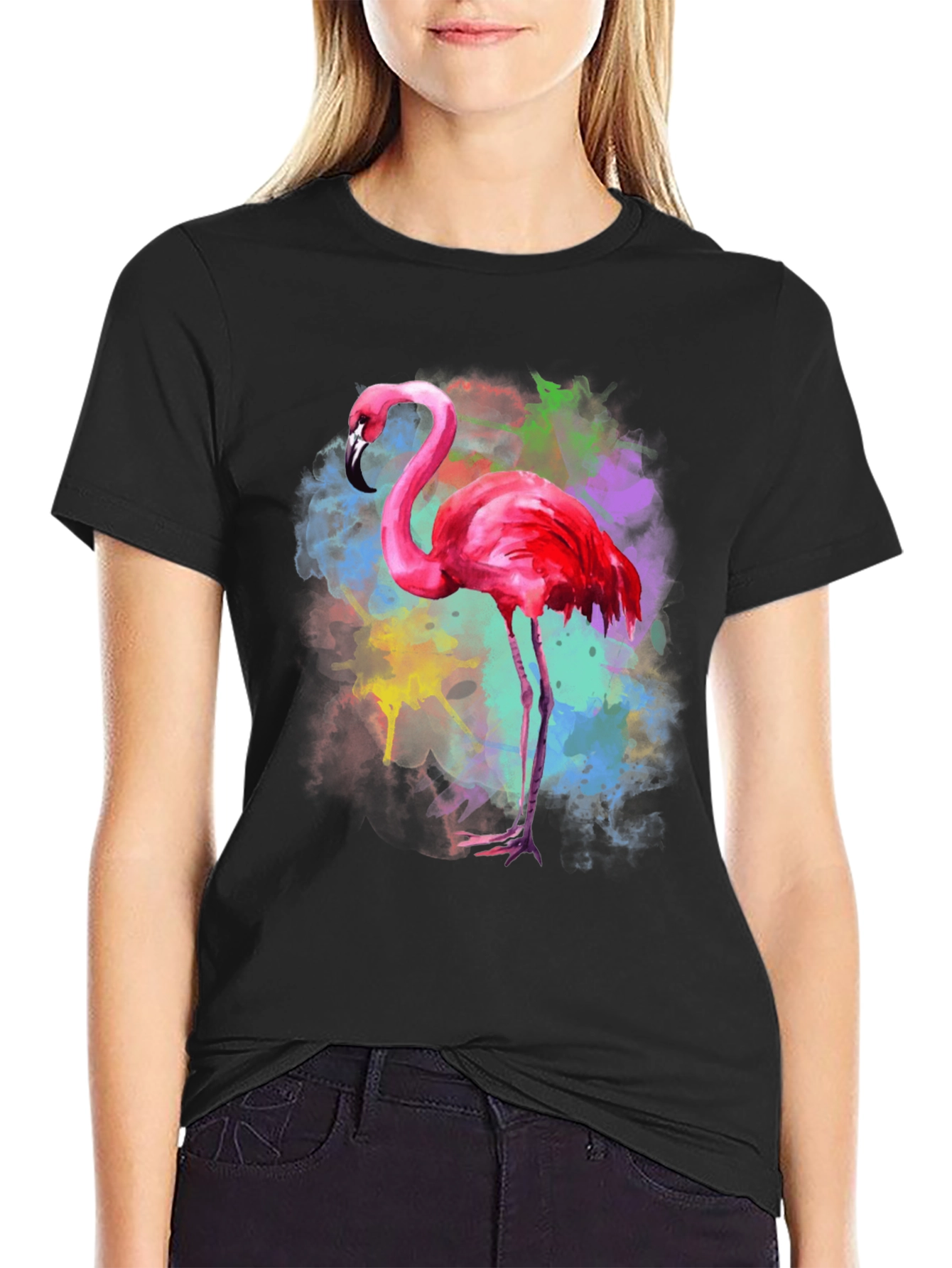 Black Flamingo Watercolor Graphic Tee - Black Cotton T-Shirt view 2