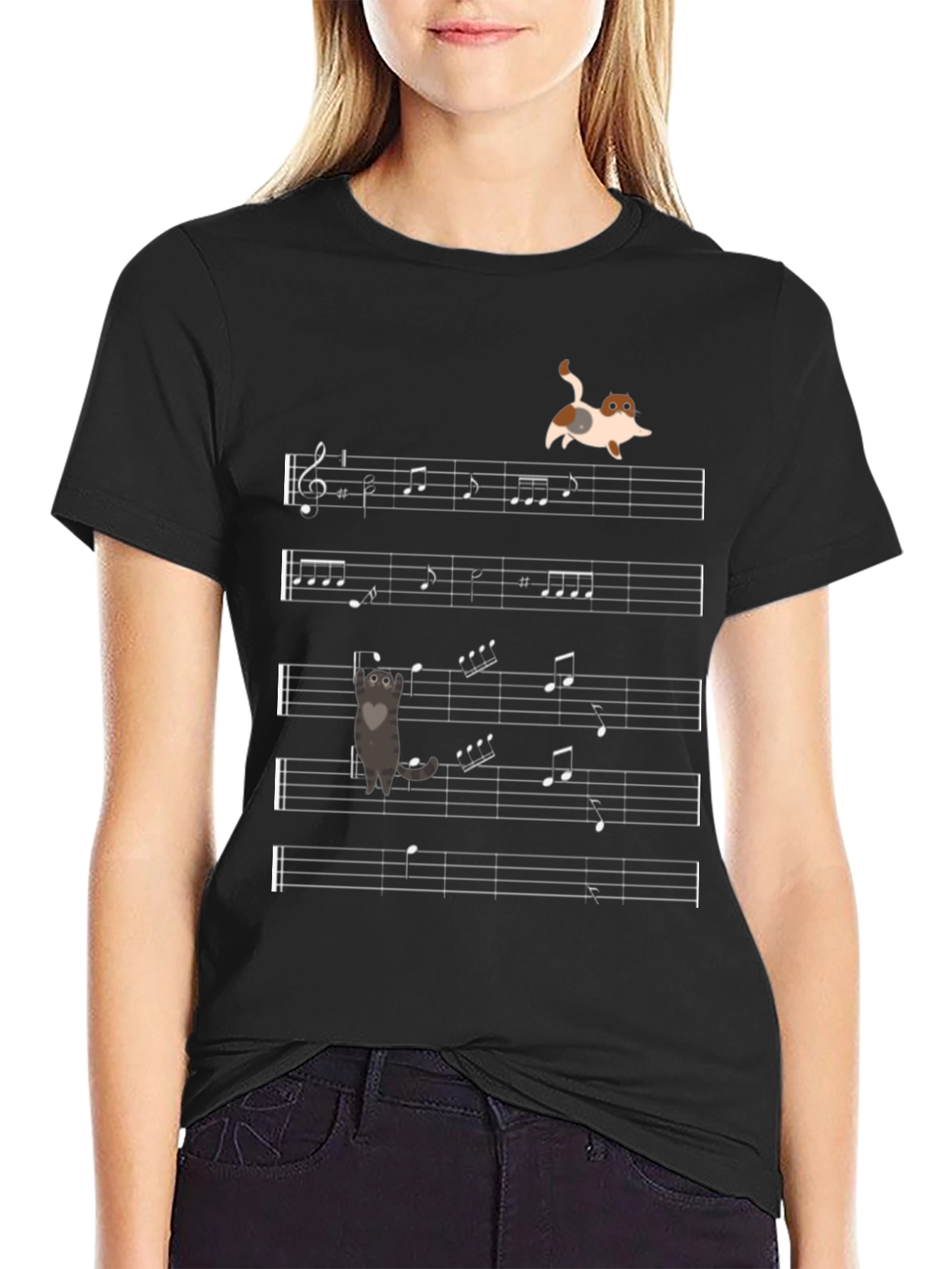 Black Musical Cats T-Shirt - Unique Music Note Design view 2