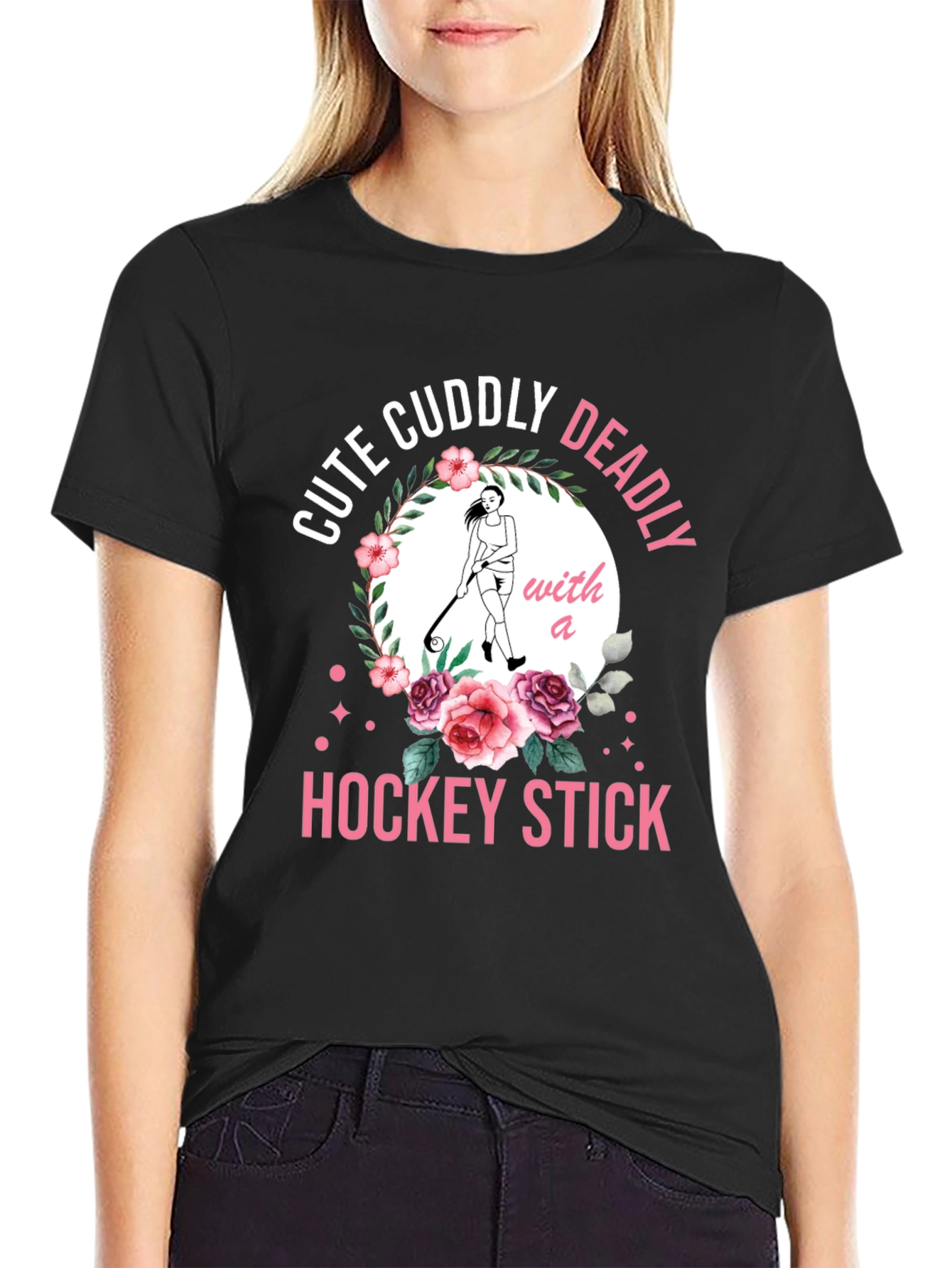 Black Cute Cuddly Deadly Hockey Stick T-Shirt view 2