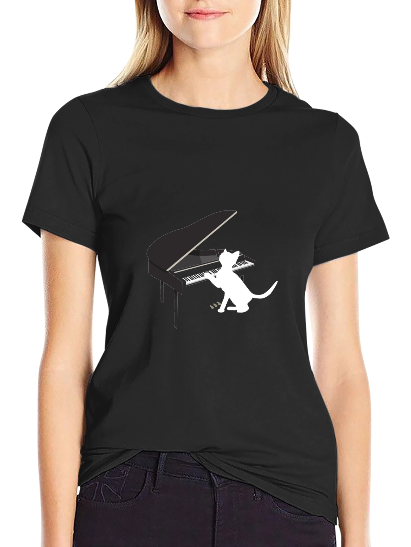 Black Cat Playing Piano Graphic Tee - Black view 2