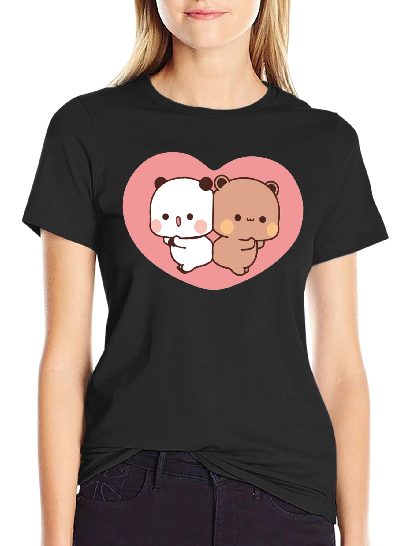 Black Cute Kawaii Bear Heart Graphic Black T-Shirt view 2
