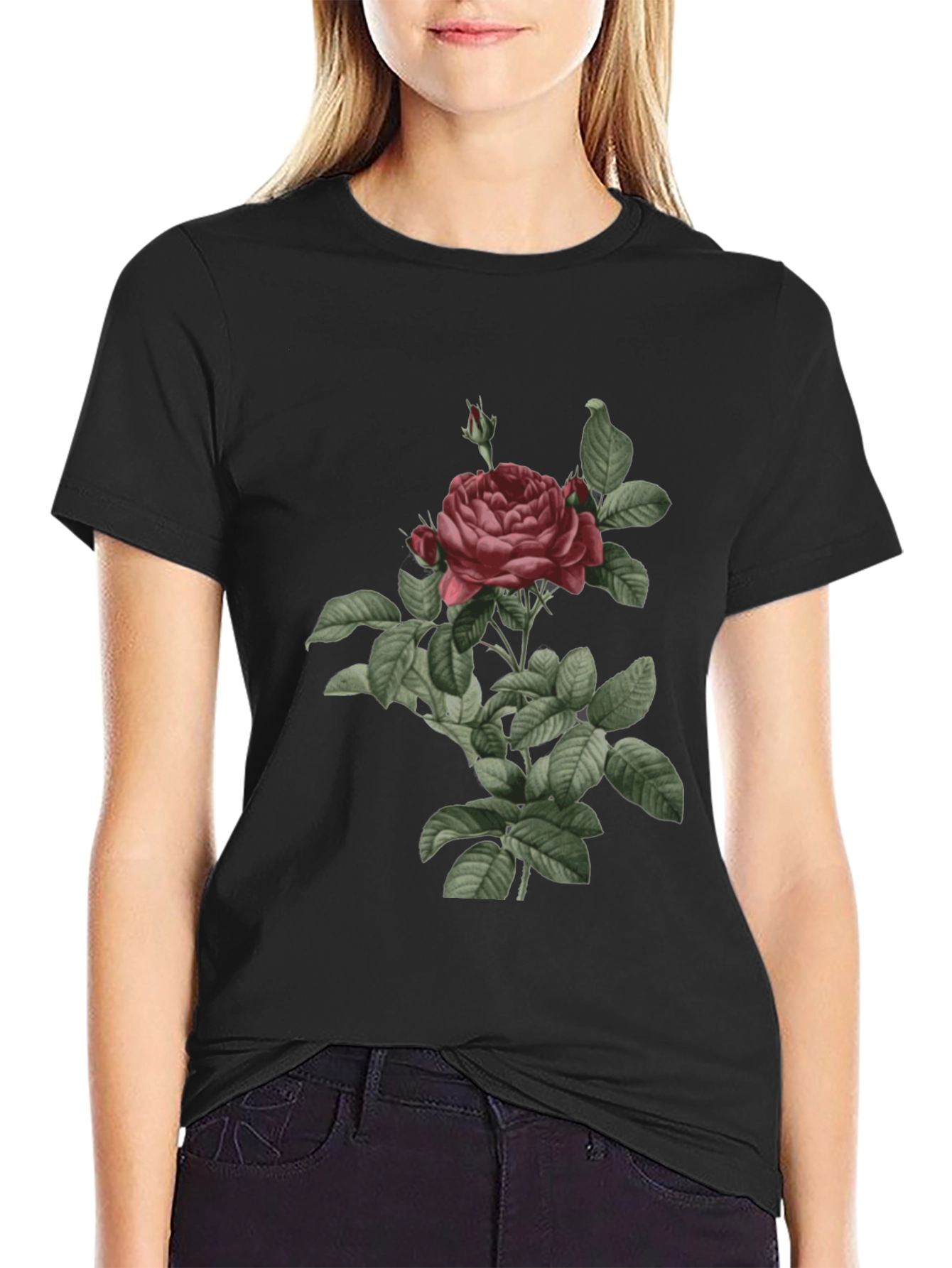 Black Vintage Rose Graphic Tee - Classic Botanical Design view 2