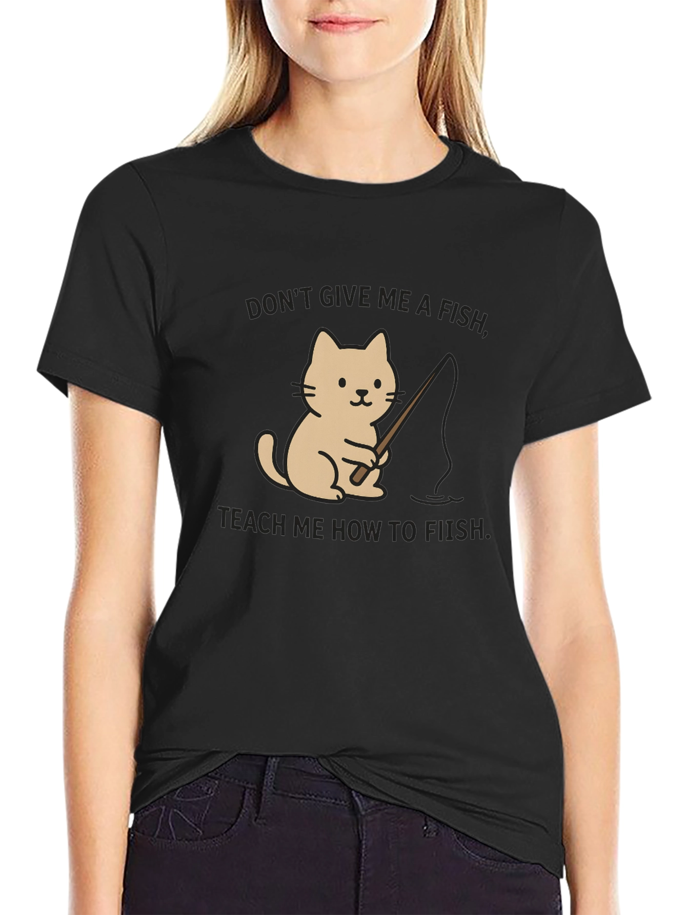 Black Funny Cat Fishing T-Shirt - Teach a Cat to Fish view 2